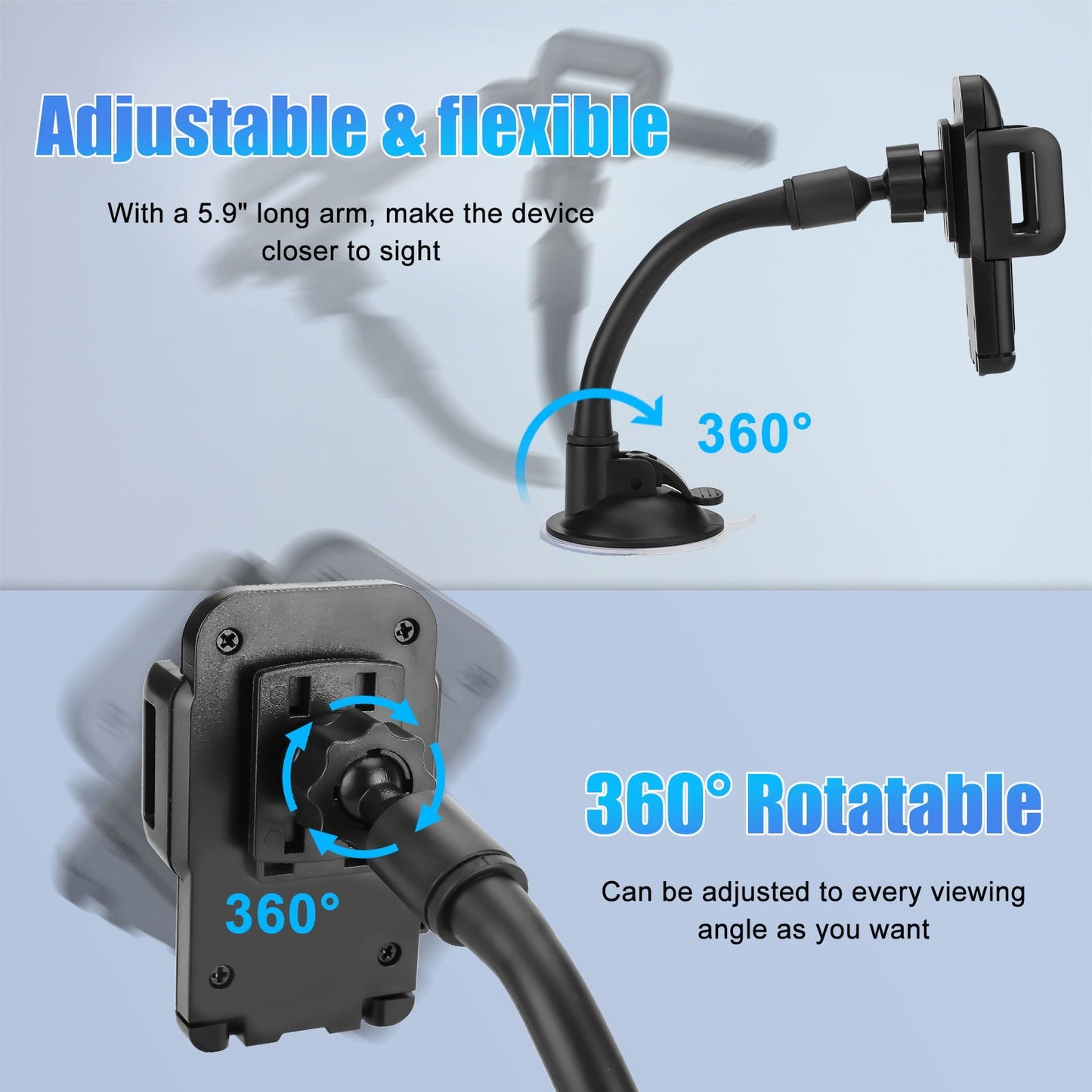 Classic TSV Universal Car Windshield Dashboard Suction Cup 360 Degree Mount Holder Stand for Cellphones iPhone Android, Long Arm Car Phone Holder Windscreen Car Cradle