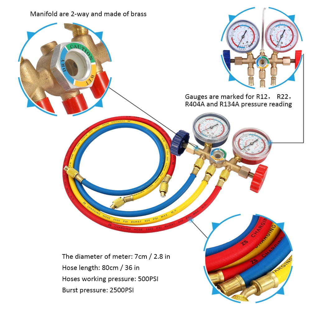 Classic Refrigerant Manifold Gauge Set Air Conditioning Tools With Hose And Hook For R12 R22 R404A R134A