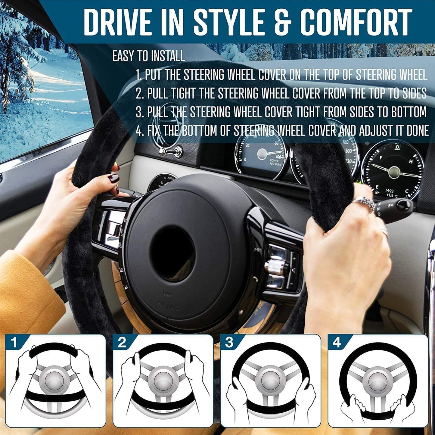 Versatile Zone Tech Classic Car Steering Wheel 12V Plush Heated Cover - Classic Black Upgraded Version Hand Warmer Ultra Comfortable 12V Elegant Design Vehicle Heated Wheel Plush Comfy Protector