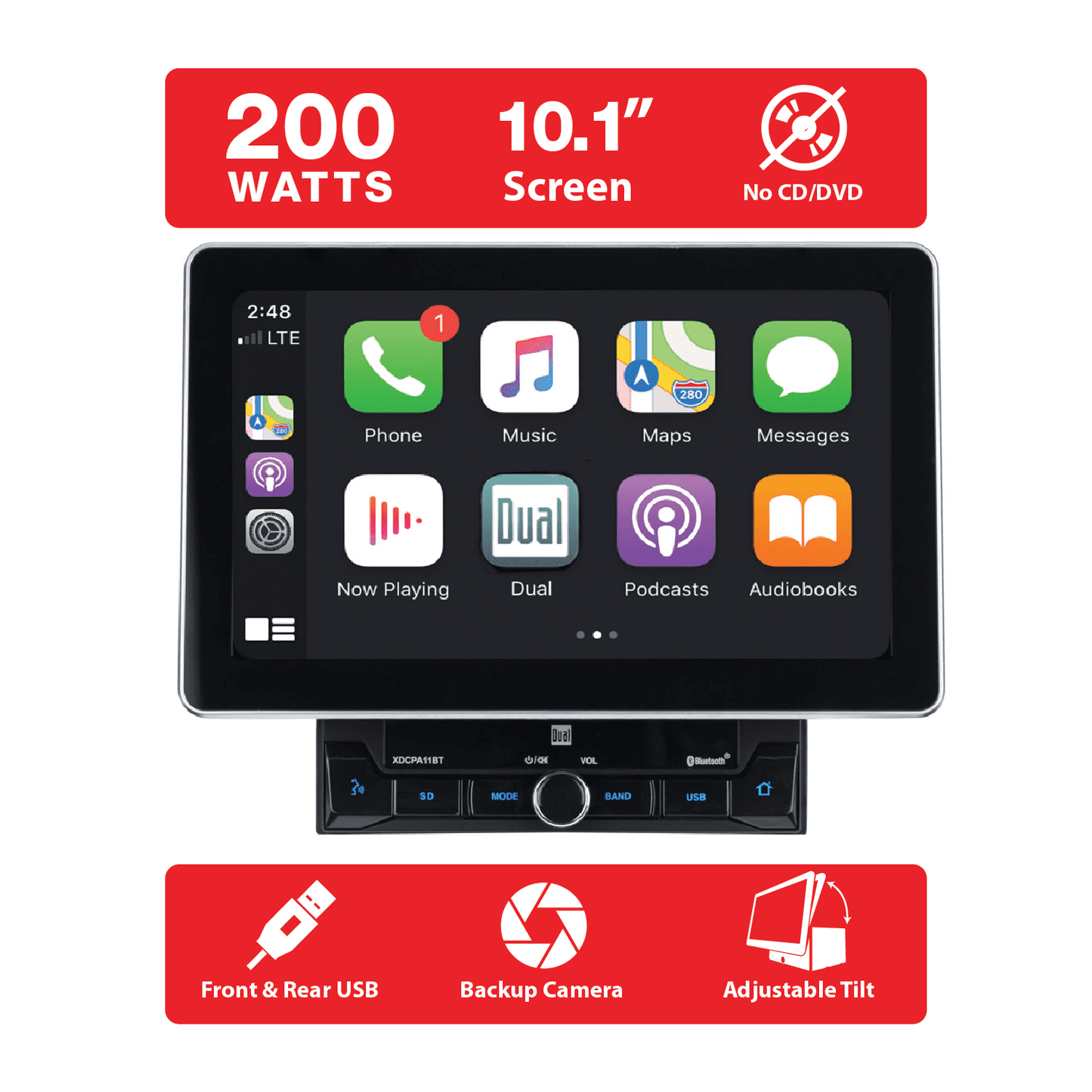 Versatile Dual Electronics XDCPA11BT 10.1 Inch, Car Stereo Head Unit, Double DIN Certified Apple CarPlay Android Auto with Bluetooth