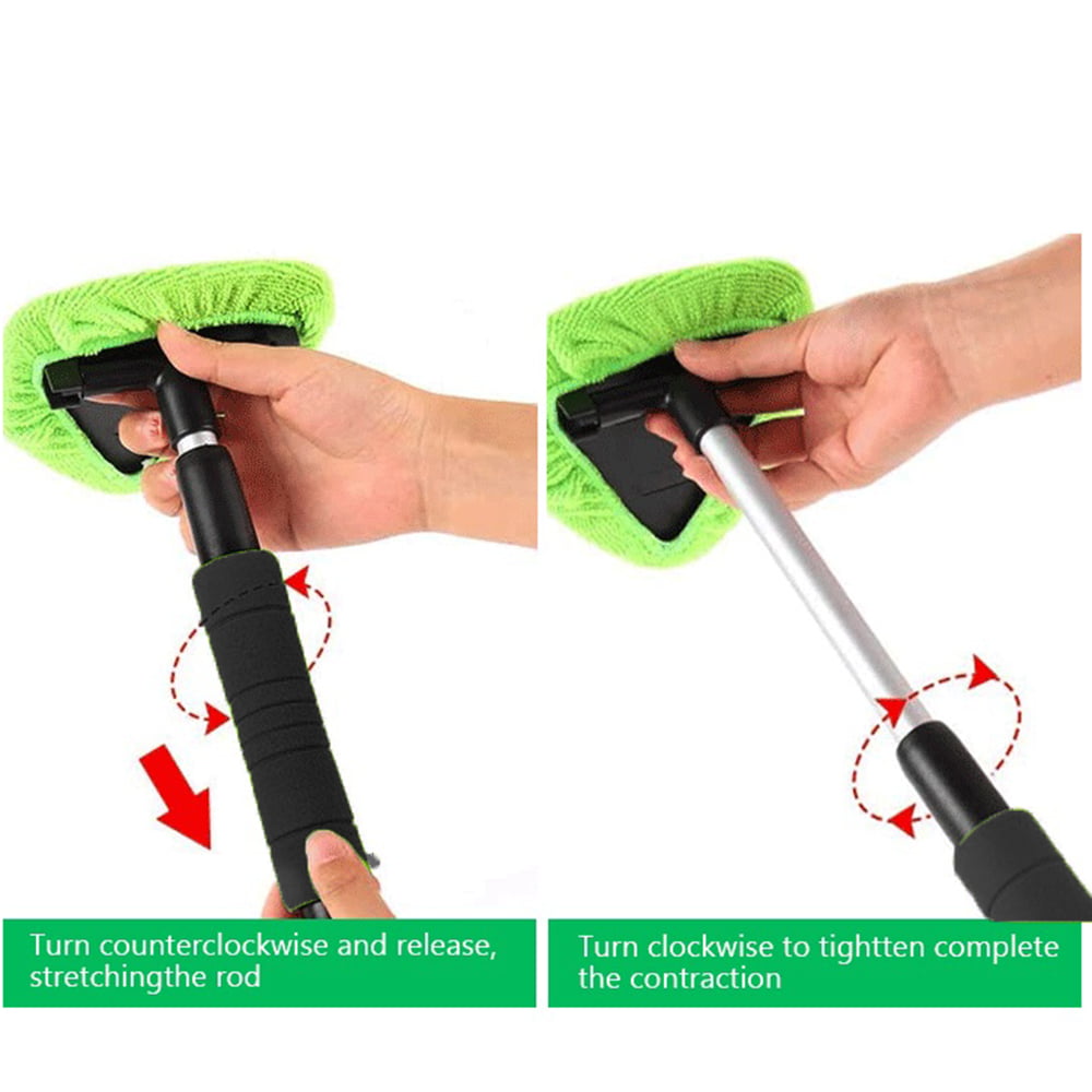 Classic Byseng Car Windshield Cleaner, Windshield Cleaning Tool for Car, Microfiber Car Window Cleaner with Extendable Handle + 4 Reusable and Washable Microfiber Pads - Green