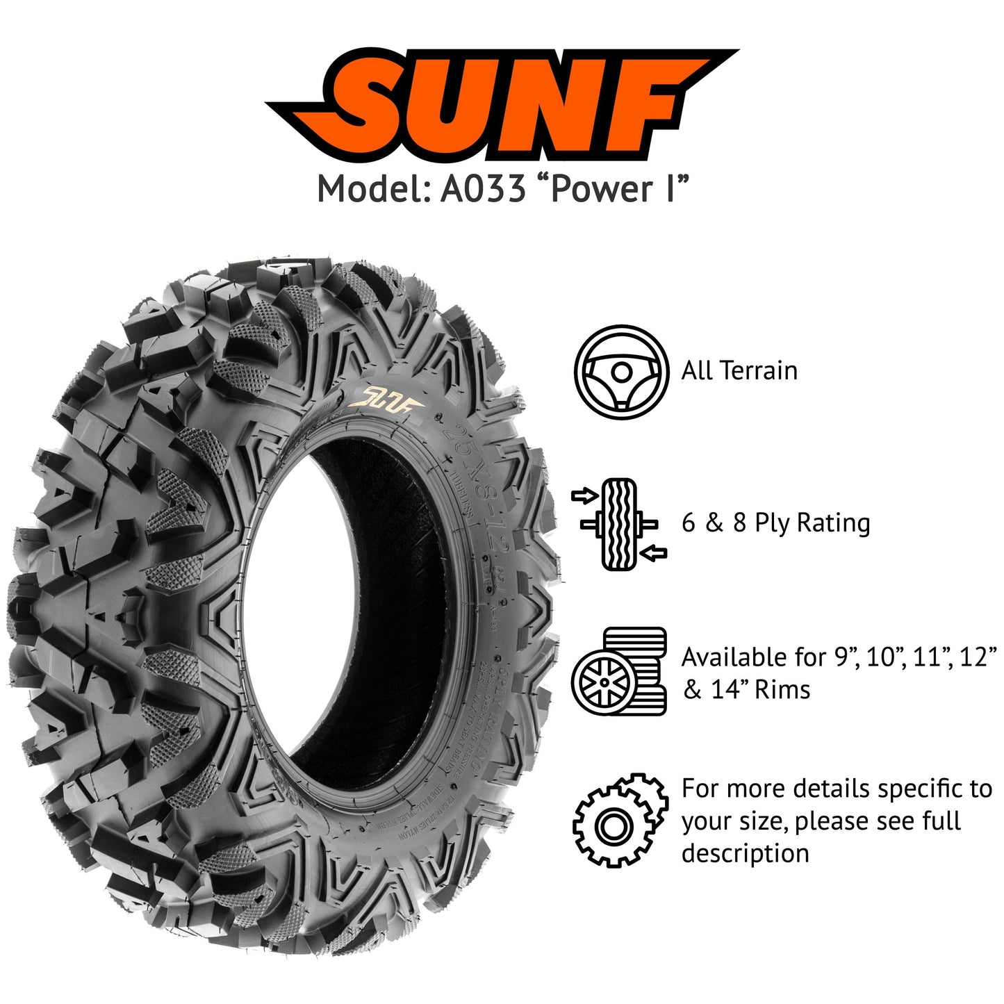 Classic SunF All Terrain ATV UTV Tires 26x8-12 & 26x11-12 6 PR A033 (Complete Full Set of 4)