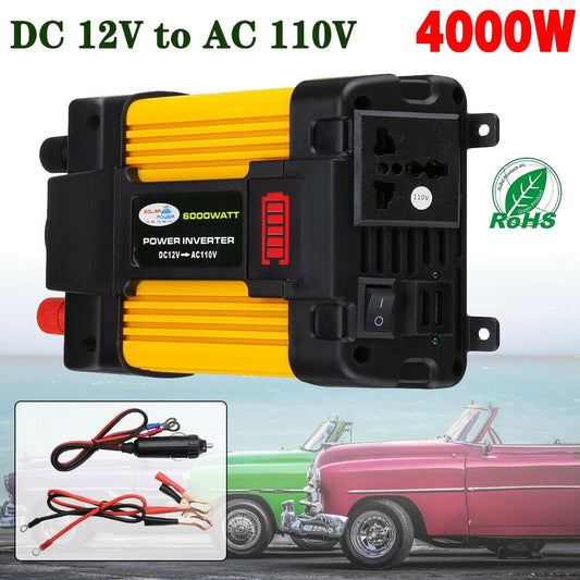 Classic 4000W Power Inverter DC12V to AC110V Sine Wave Convert with 2 USB Ports 1 Sockets for Camp Home