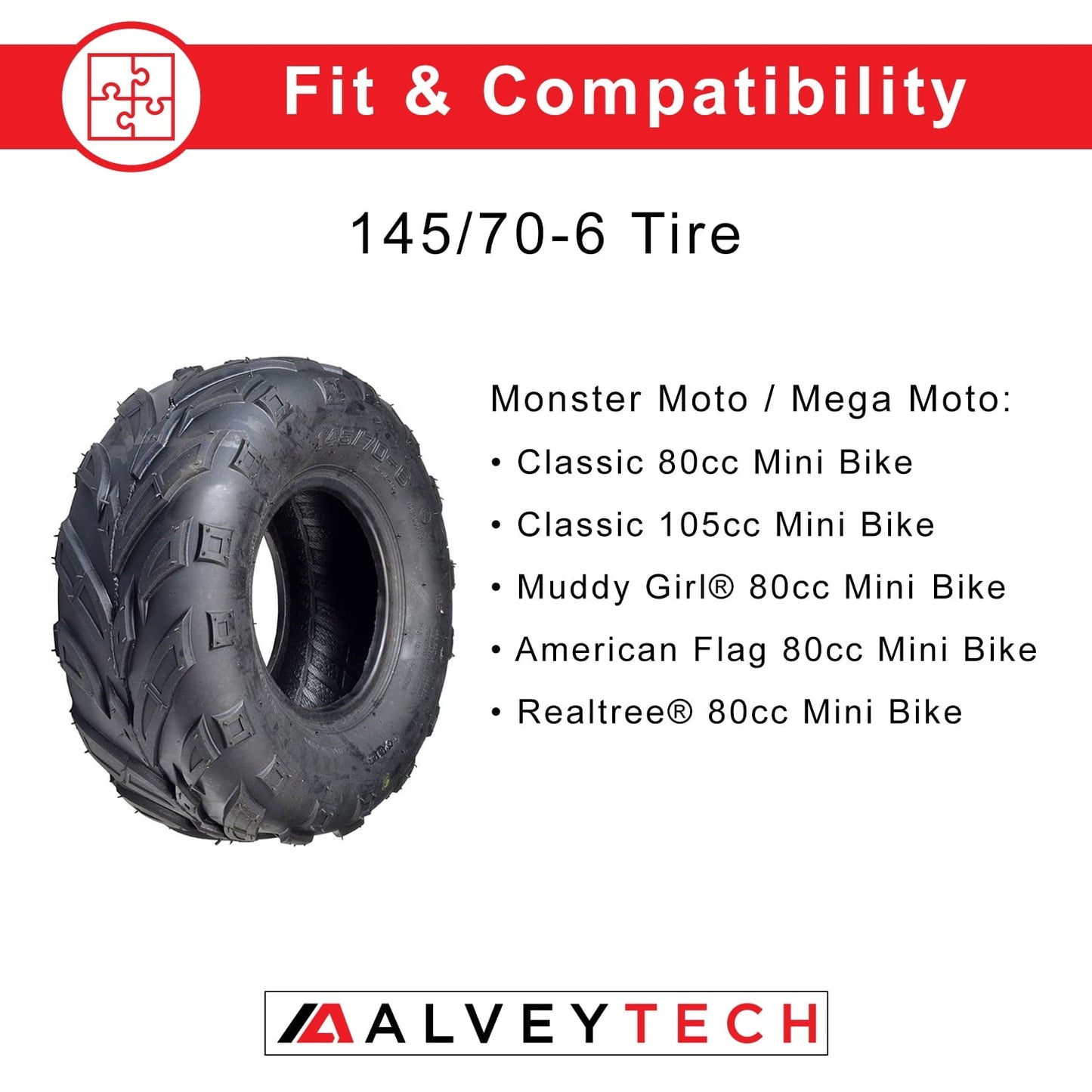 Classic AlveyTech 145/70-6 V-Tread Tire for the Monster Moto/Mega Moto Classic 80cc Mini Bike, All Terrain