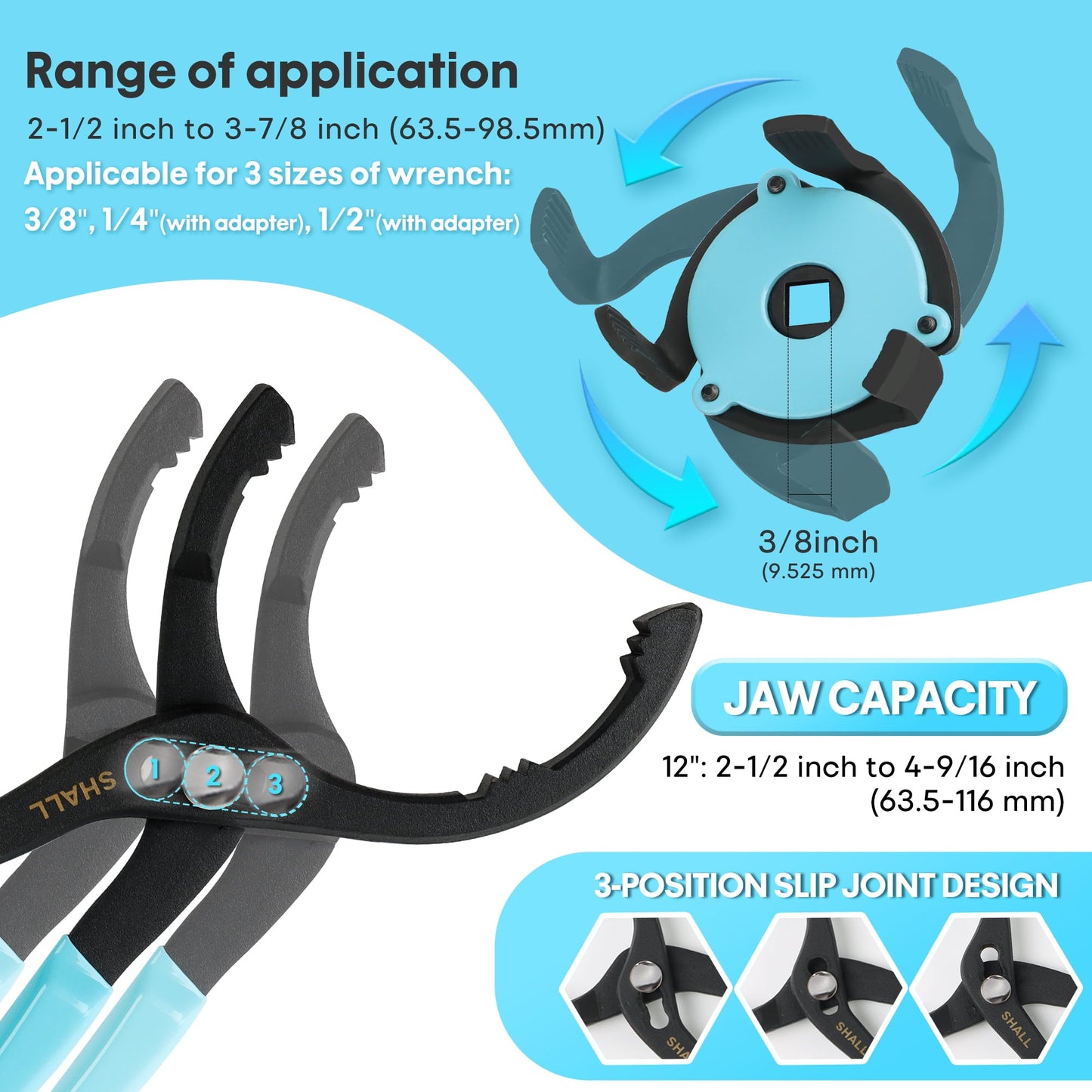 Versatile SHALL Oil Filter Wrench, 4PC Oil Filter Removal Tool, 12 Inch Adjustable Metal Oil Filter Pliers, 2PC Adapters, 2-Pack PVC Gloves