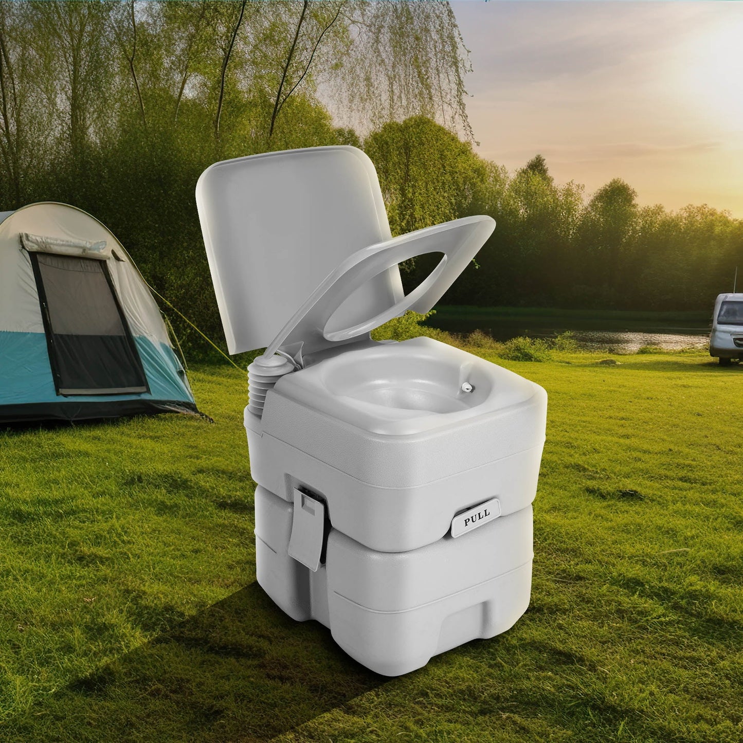 Classic Dextrus 5.3 Gallon Portable Toilet With Detachable Tank, Double Outlet Water Spout, Press Flush Pump, Travel RV Potty for Camping, Boating, Hiking, Trips, White&Gray