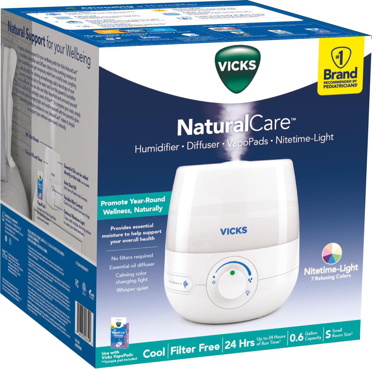 Versatile Vicks 0.6 Gallon Natural Care Cool Mist Ultrasonic Humidifier, 200 sq ft, White, VUL530