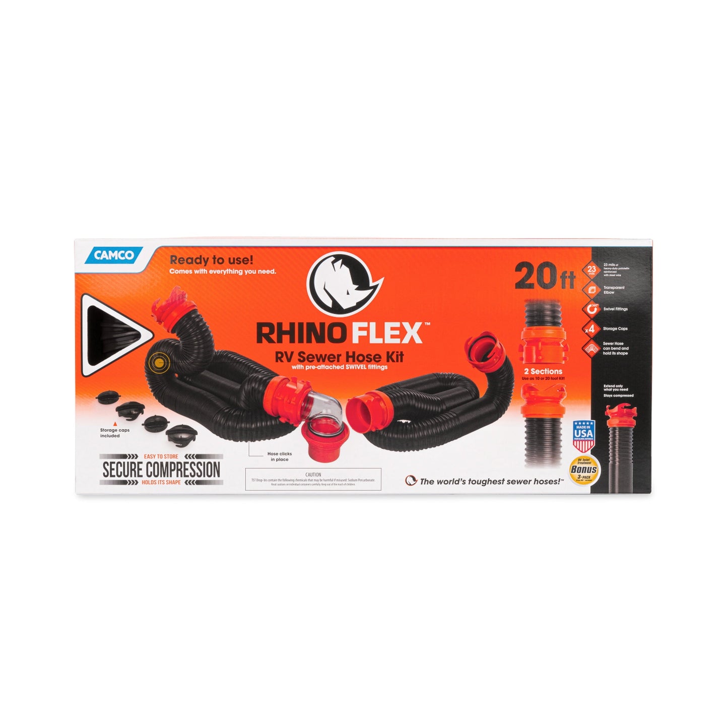 Versatile Camco RhinoFLEX 20-Foot Camper/RV Sewer Hose Kit | Polyolefin, Black & Orange (39744)