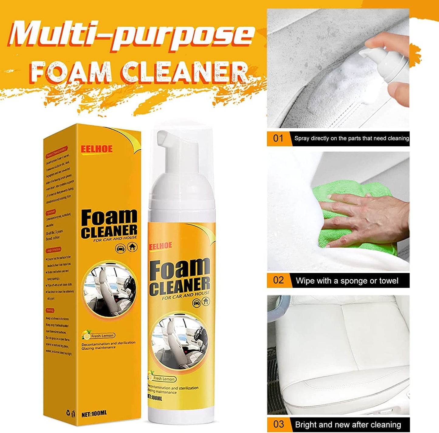 Versatile Car Magic Foam Cleaner, Foam Cleaner for Car, Foam Cleaner All Purpose, Neat Freakz Multi-Purpose Foam Cleaner, Powerful Stain Removal Kit (100ml, 3pcs)