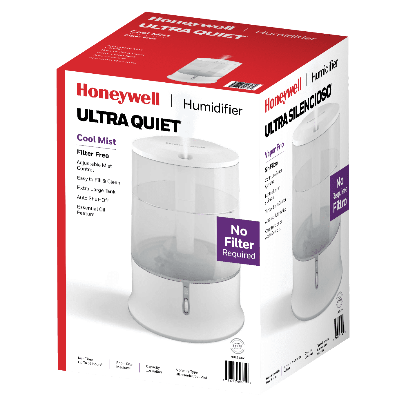 Classic Honeywell Ultra Quiet Cool Mist Humidifier, 400 sq ft, White, HUL233W