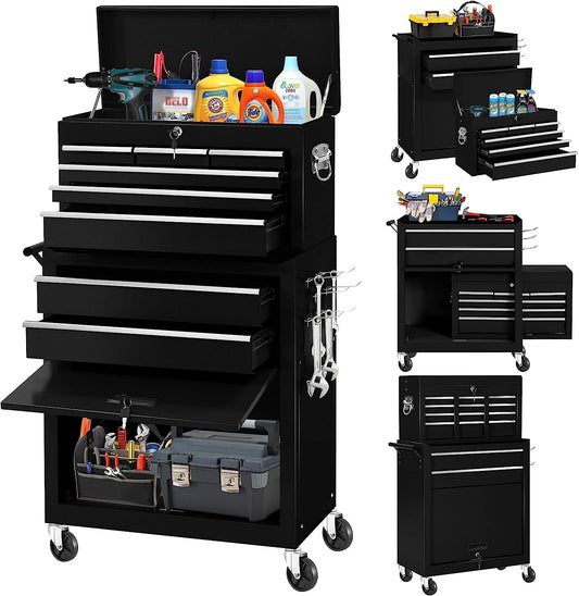 Classic 2-IN-1  Tool Chest & Cabinet, Large Capacity 8-Drawer Rolling Tool Box Organizer with Wheels Lockable Craft, Black