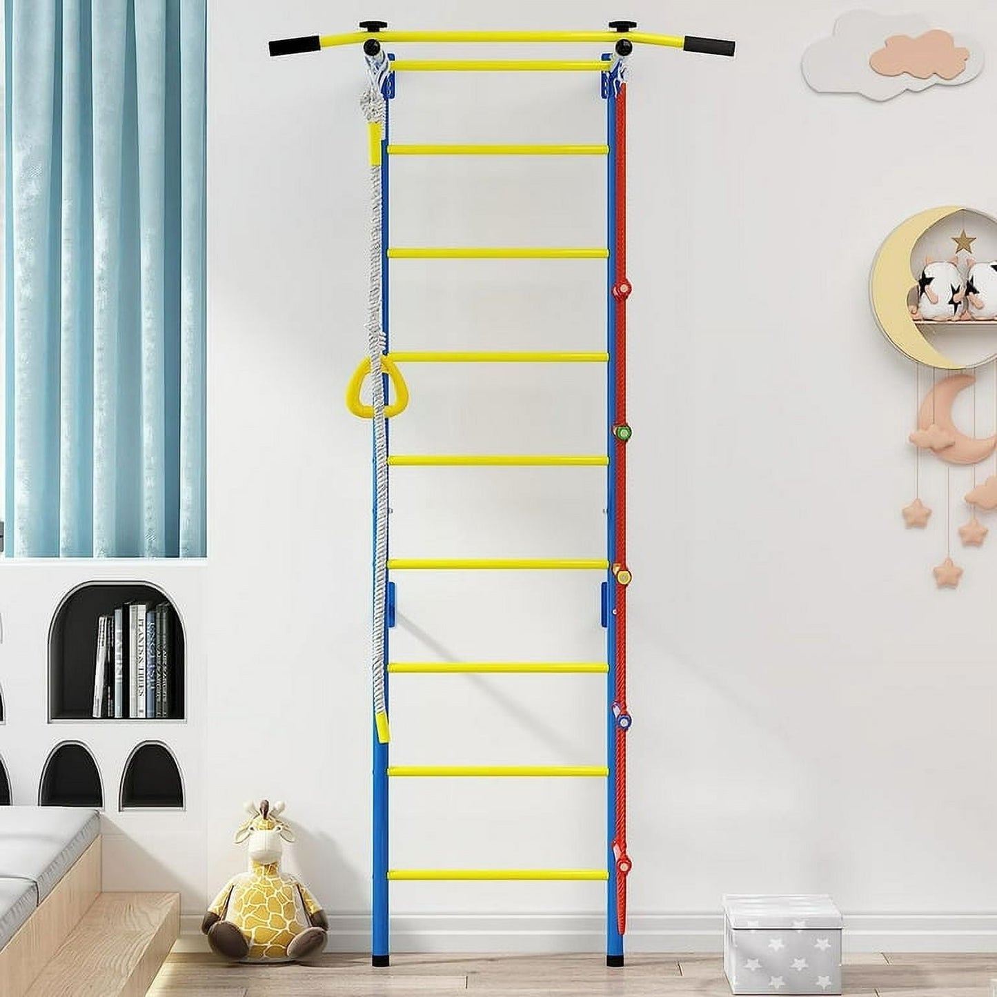 Classic Cuoote 5 in-1 Metal Wall Ladder Stall Bars Set, Indoor Kids Gym for Exercise, Ladder Wall Set with Wall Ladder, Pull-up Bar, Climbing Rope, Gymnastic Rings, Kids Climbing Toys for Boys Girls