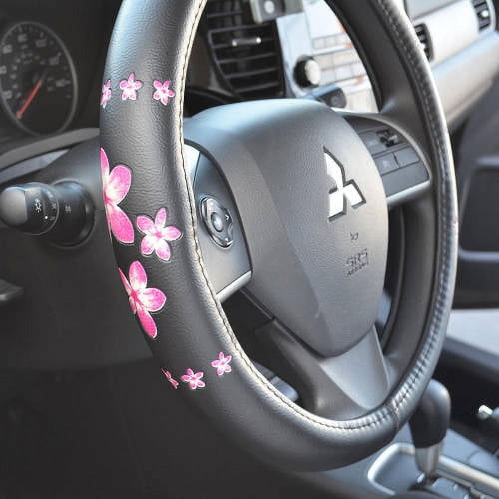 Classic BDK Pink Floral Design Car Steering Wheel Cover, Standard Size 14.5 to 15.5"