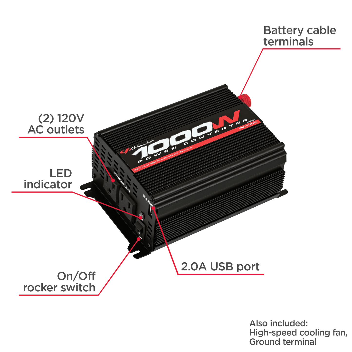 Versatile Schumacher 1000 Continuous Watt/2000 Peak Watt Power Inverter â Convert 12V DC Power to 120V AC Household Power