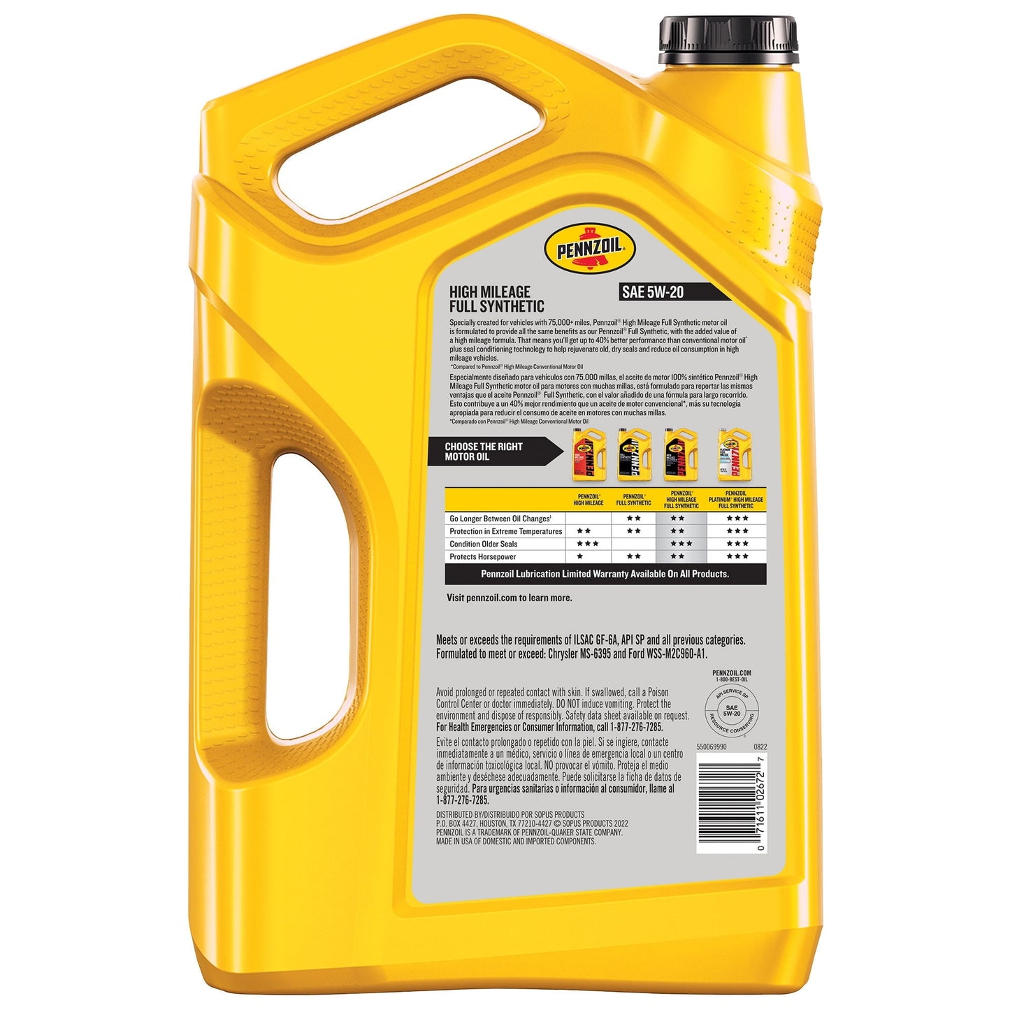 Versatile Pennzoil Full Synthetic High Mileage 5W-20 Motor Oil, 5 Quart