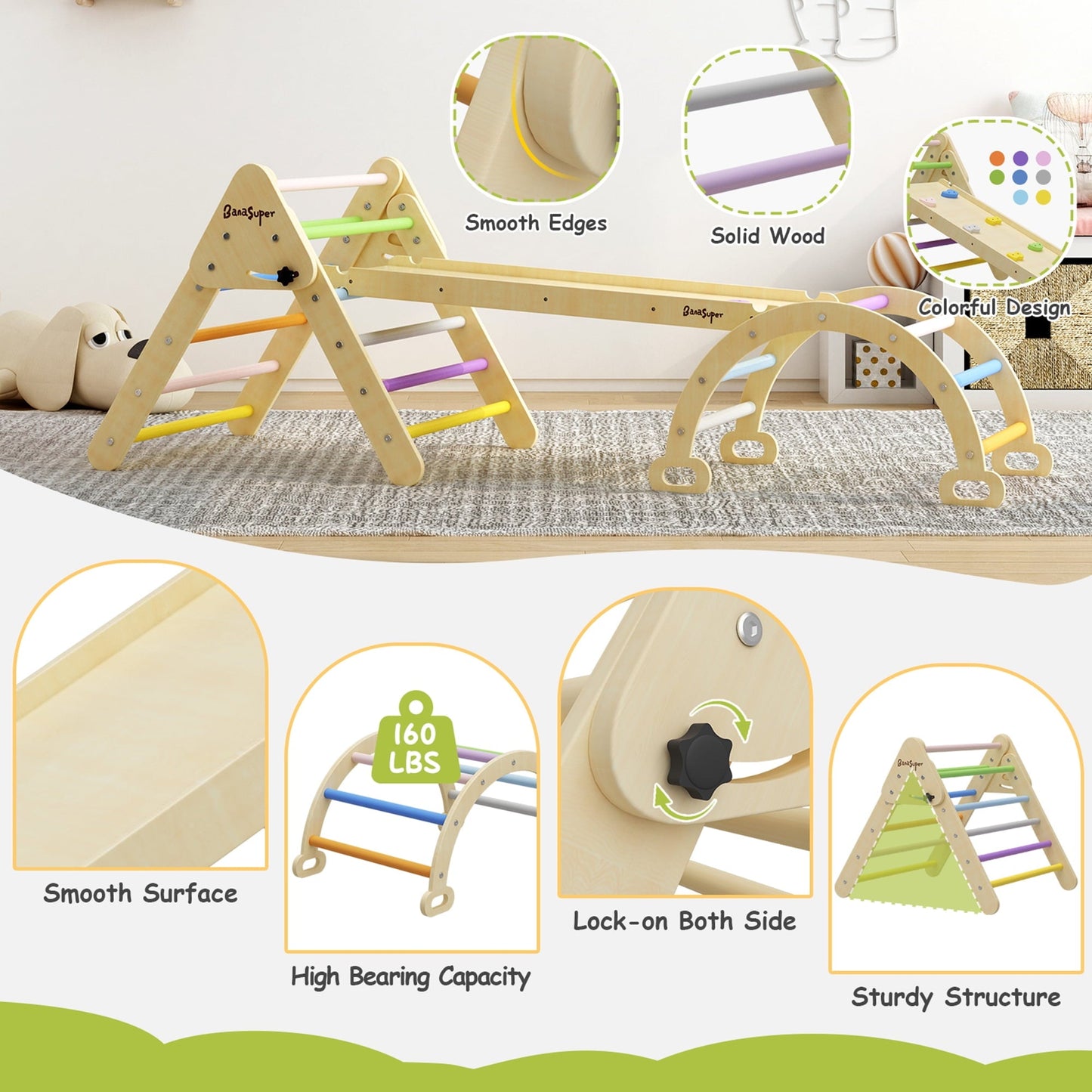 Classic BanaSuper Colorful 3 in 1 Climbing Triangle Ladder with Ramp & Arch Foldable Wooden Triangle Climber Set Montessori Climbing Toys for Kids Ourdoor Indoor Playground Play Gym