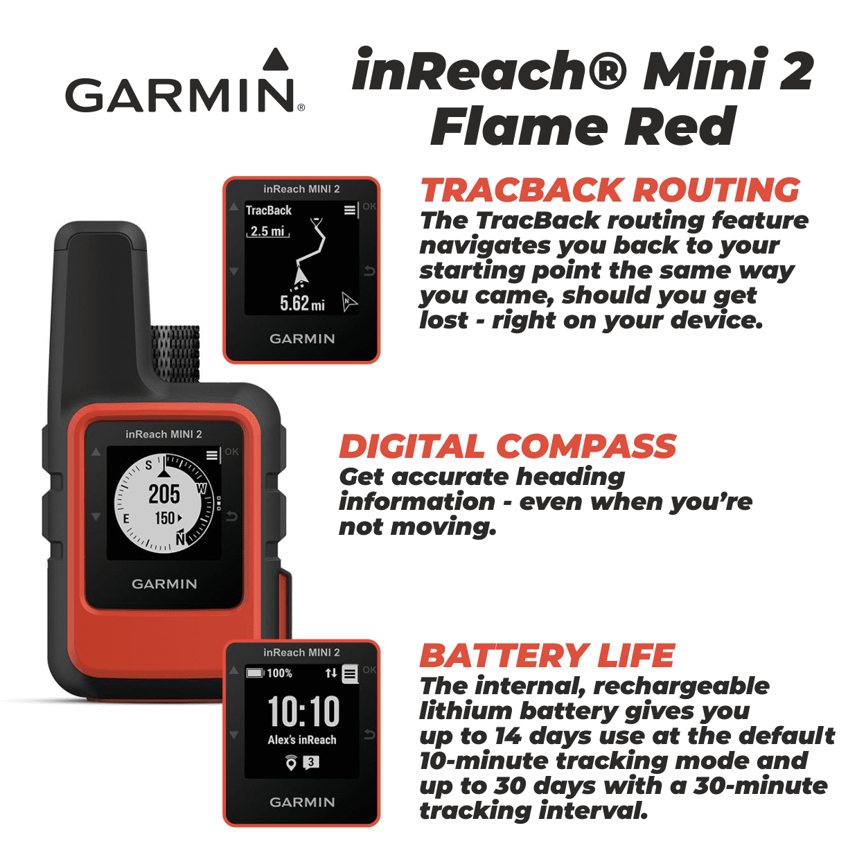 Versatile Garmin inReach Mini 2 Satellite Communicator (Flame Red), Hand-Held, Unisex Adult with Wearable4U Power Pack Bundle