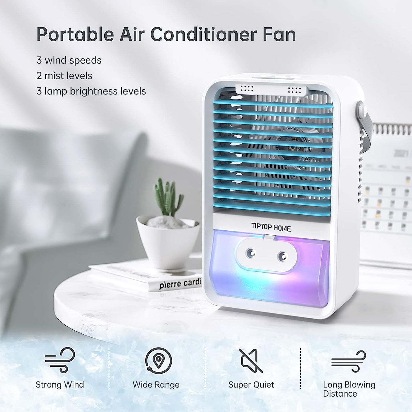 Classic Flend Portable Air Conditioner Fan, Evaporative Air Cooler Humidifier, Small Desktop Cooling Fan with 7-Color LED Light for Room Office Camping, Blue