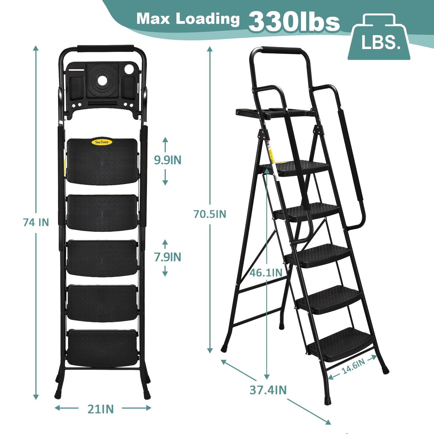 Classic HBTower 5-Step Folding Step Stool Ladder with Handrails and Tool Platform, Load-bearing 330lbs, Wide Anti-Slip Pedal and Steel Ladder Handgrip, Black