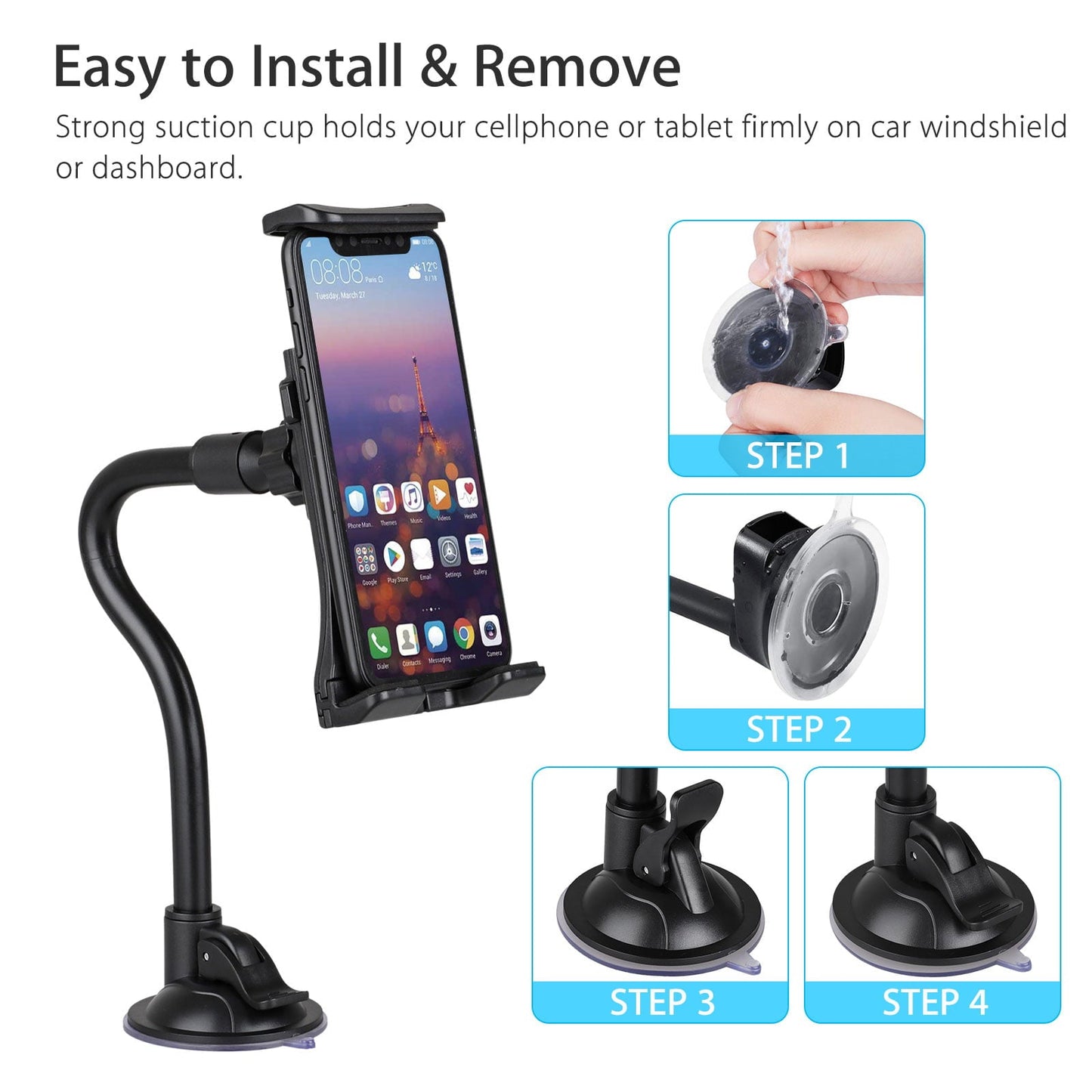 Versatile Tablet Car Mount Holder, TSV Long Arm Suction Cup Mount Stand Cradles for 4-12inch Tablet Cell Phone SUV Truck Vehicle Auto, Windshield Mount Holder, 360degree Rotating Hands-Free Navigation