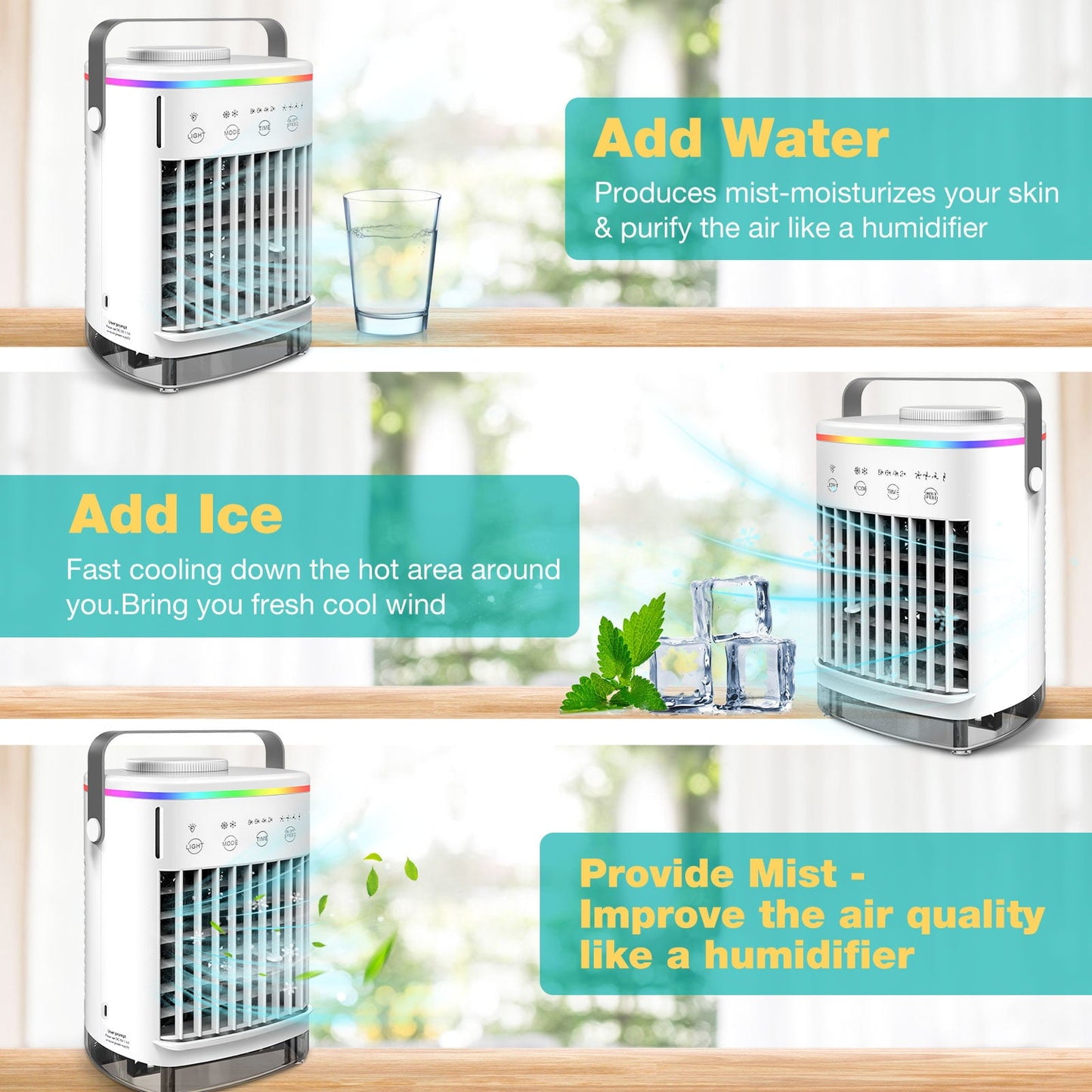 Versatile HailiCare Mini Portable Air Conditioner, 6-in-1 Evaporative Coolers with Mist Sprayer Function,Air Cooler with 4 Speeds and 7 Color LED Light for Home Bedroom Office