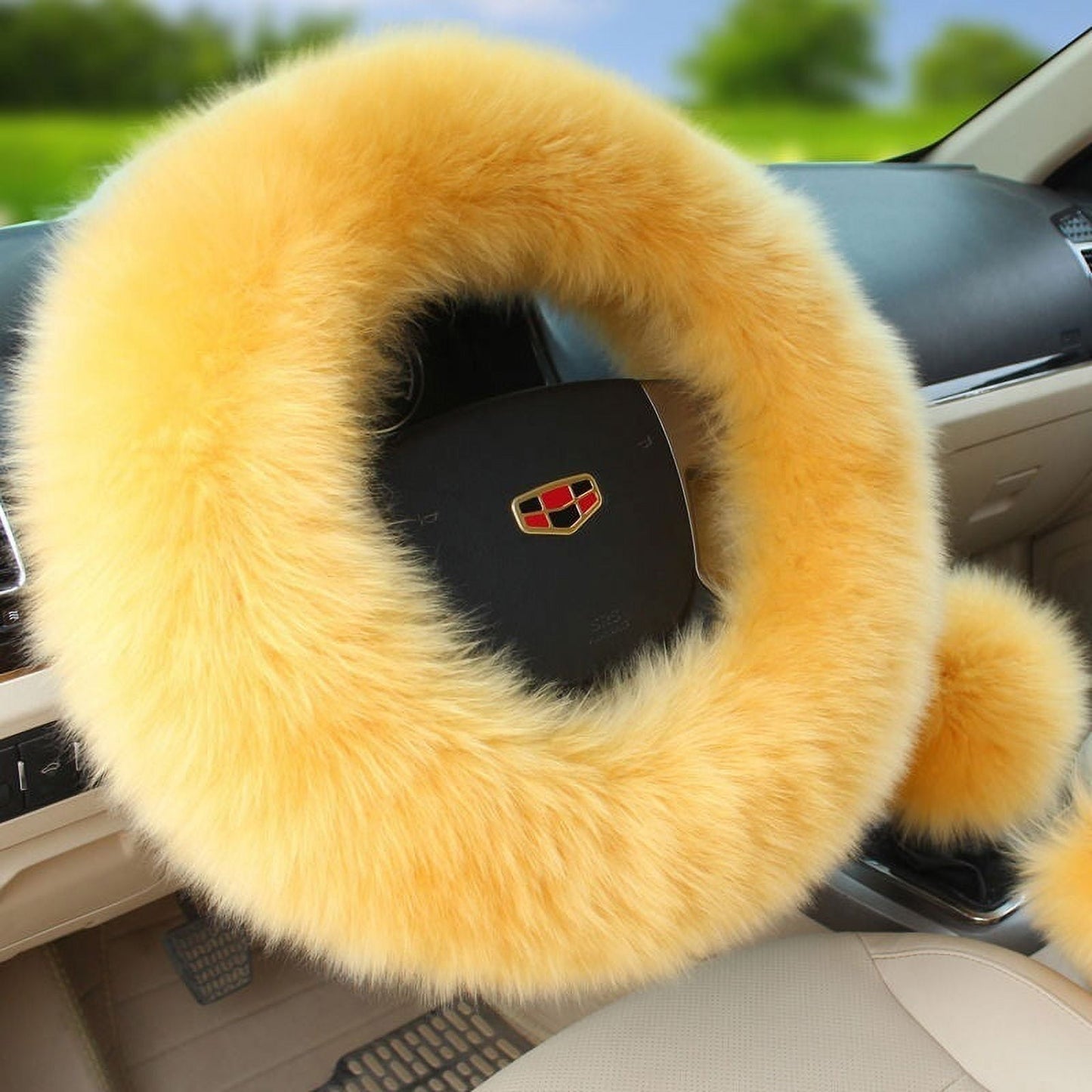 Versatile Hot 3Pcs/Set Woolen Winter Soft Warm Fuzzy Steering Wheel Cover Long Plush Handbrake Car Accessory Pink/Saffron Yellow/Black/Wine Red/Beige