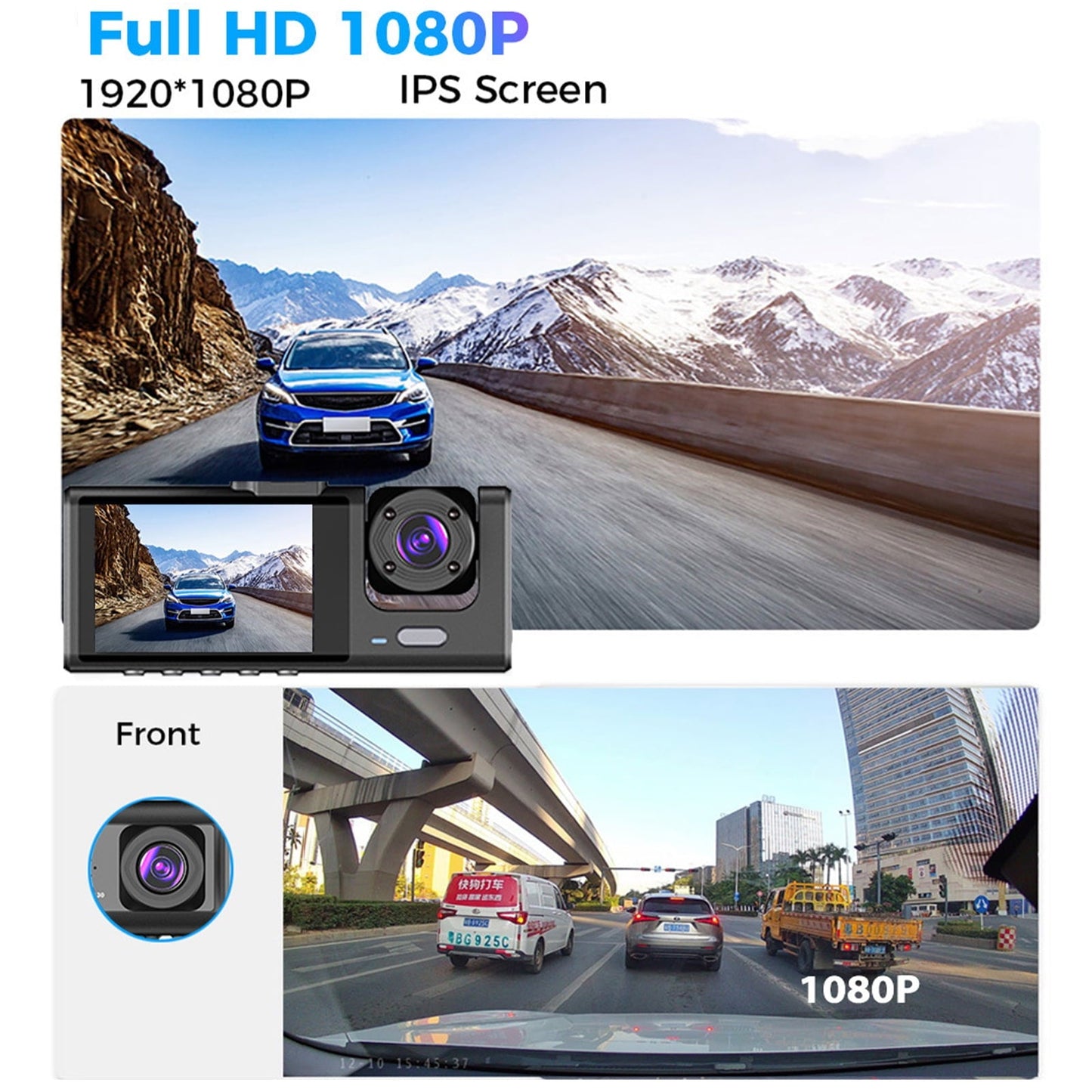 Classic 3 Channel Dash Cam Front and Rear Inside with 2" IPS Screen, 1080P Dashcam Three Way Triple Car Camera with IR Night Vision, Loop Recording, G-Sensor, Parking Monitor, 24 Hours Recording