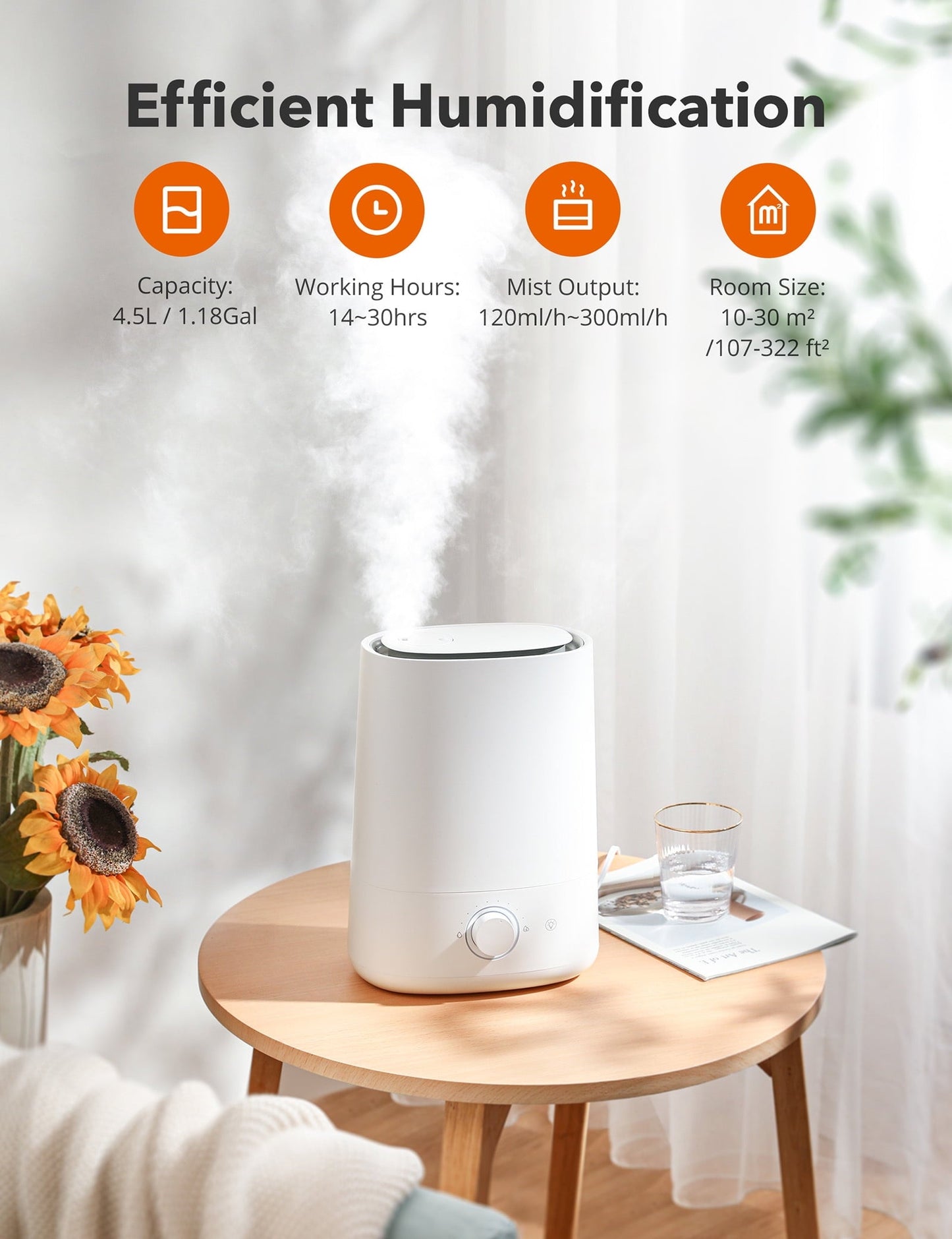 Versatile TaoTronics Humidifier, Top Fill 4.5L Ultrasonic Cool Mist Humidifiers with Essential Oil Tray, Nano-Coating, Auto Shut-off for Bedroom, Living Room, Home and Office, 100 sq ft, White