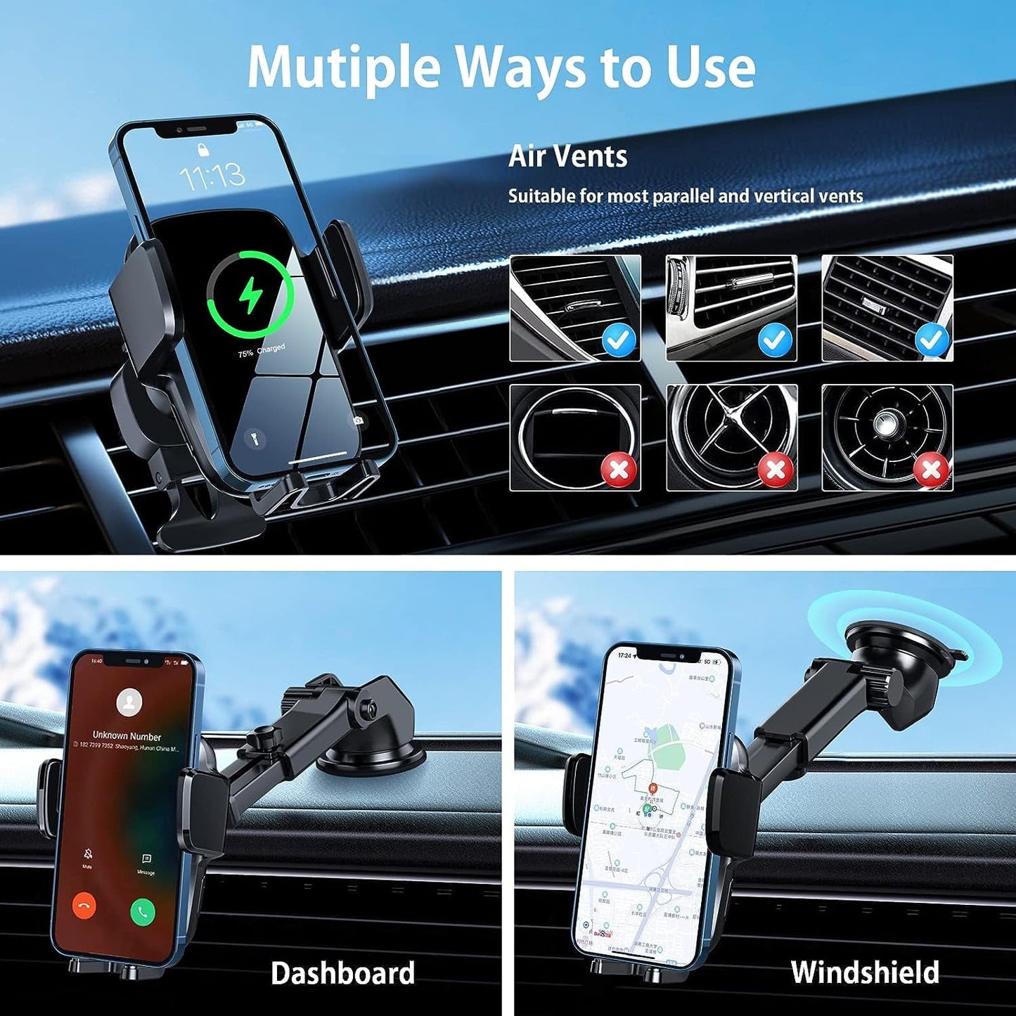 Classic Hoey 3 in 1 Wireless Car Charger, 15W Smart Sensor Auto Clamping Air Vent Dashboard Windshield Car Phone Holder Mount, Compatible for iPhone, Samsung, Google, LG, etc