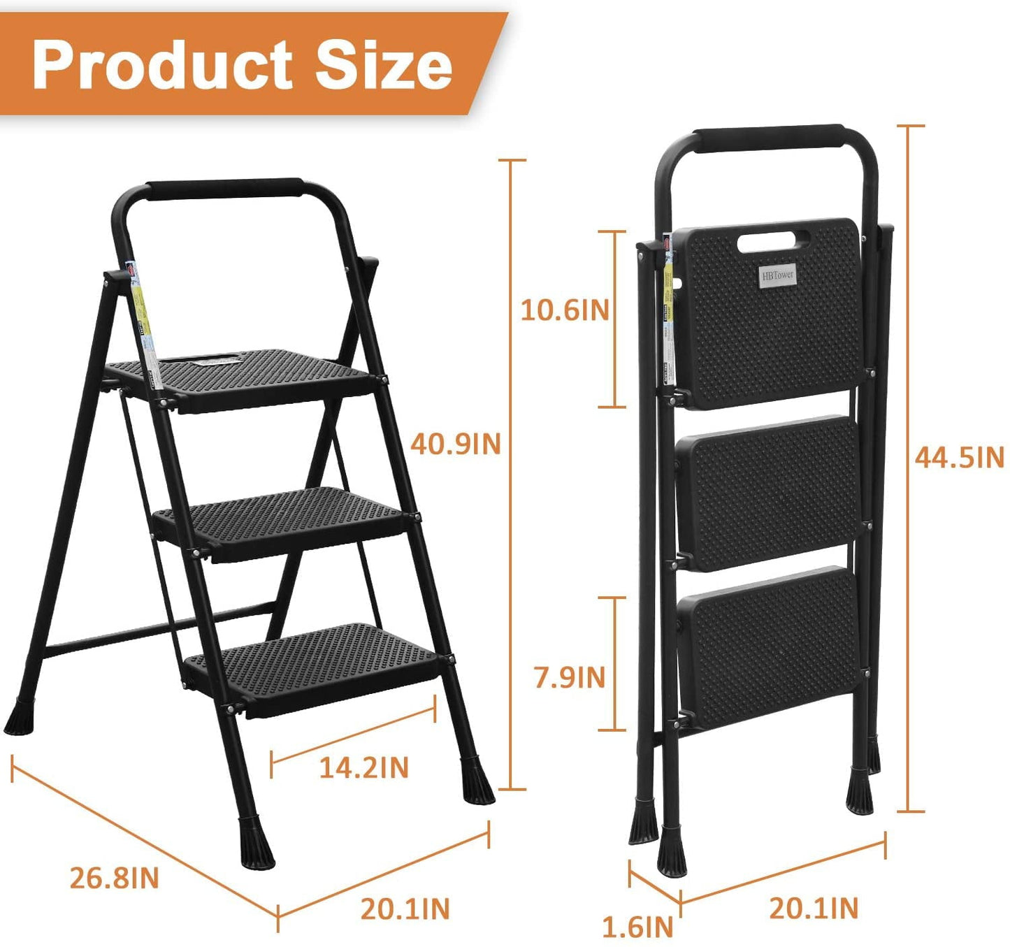 Versatile HBTower Folding 3-Step Stool Ladder, 500lbs, with Wide Anti-Slip Pedal and Steel Handgrip, Black