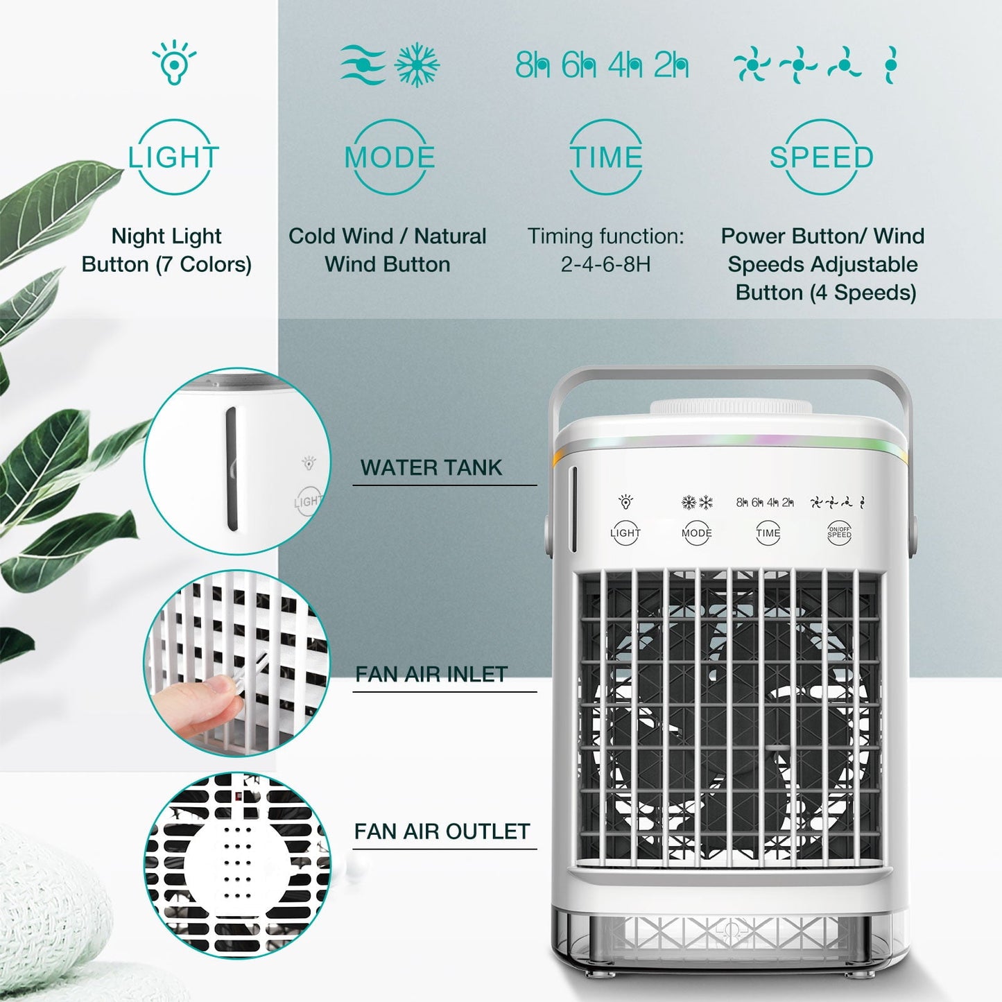 Versatile HailiCare Mini Portable Air Conditioner, 6-in-1 Evaporative Coolers with Mist Sprayer Function,Air Cooler with 4 Speeds and 7 Color LED Light for Home Bedroom Office