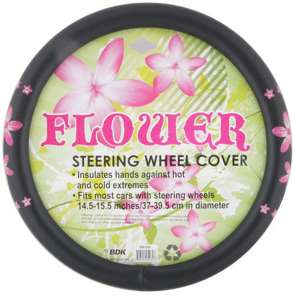 Classic BDK Pink Floral Design Car Steering Wheel Cover, Standard Size 14.5 to 15.5"