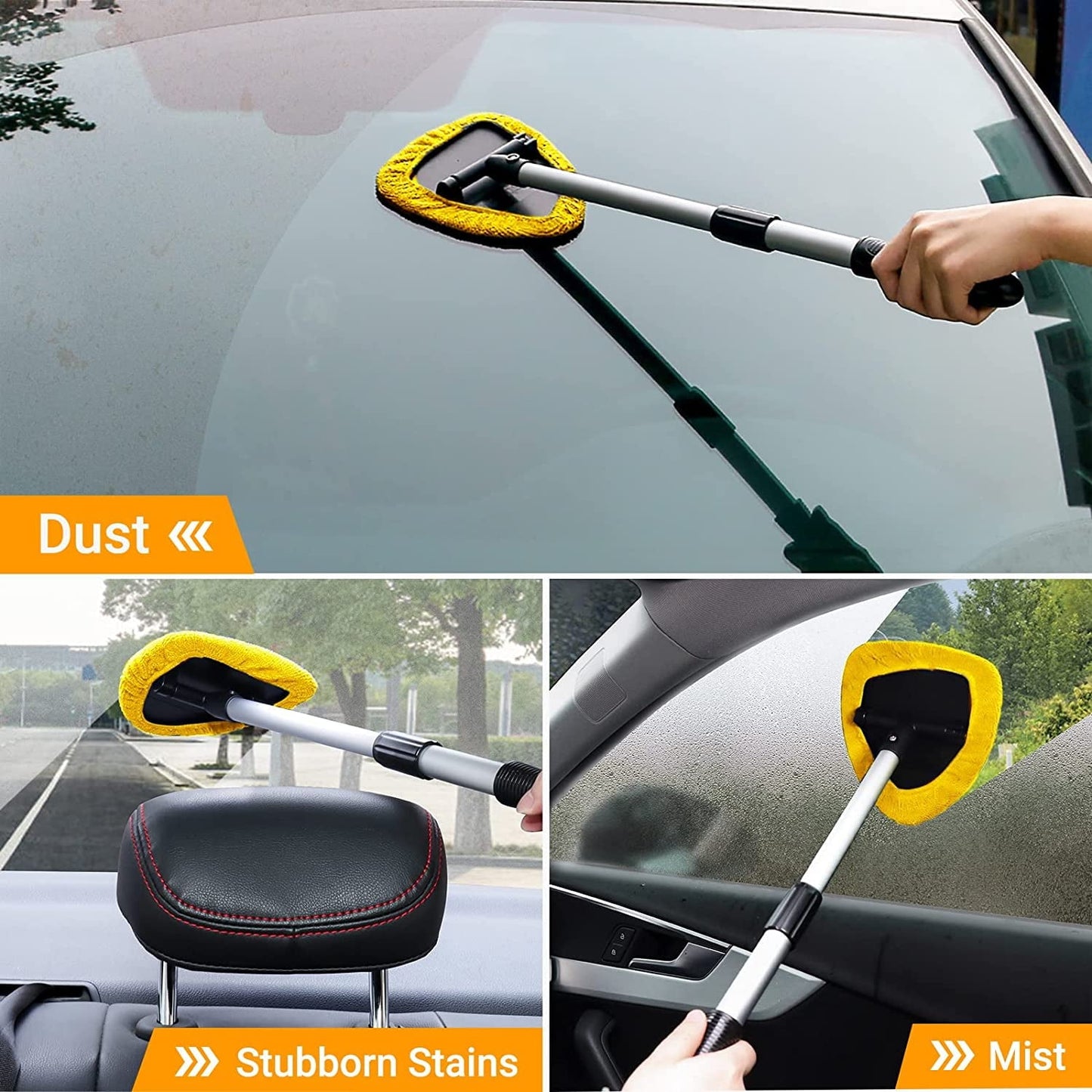 Classic AstroAI, Car Window Cleaner, Microfiber Car Windshield Cleaning Tool with Extendable Handle and Washable Reusable Cloth Pad Head Auto Interior Exterior Glass Wiper Kits, Yellow