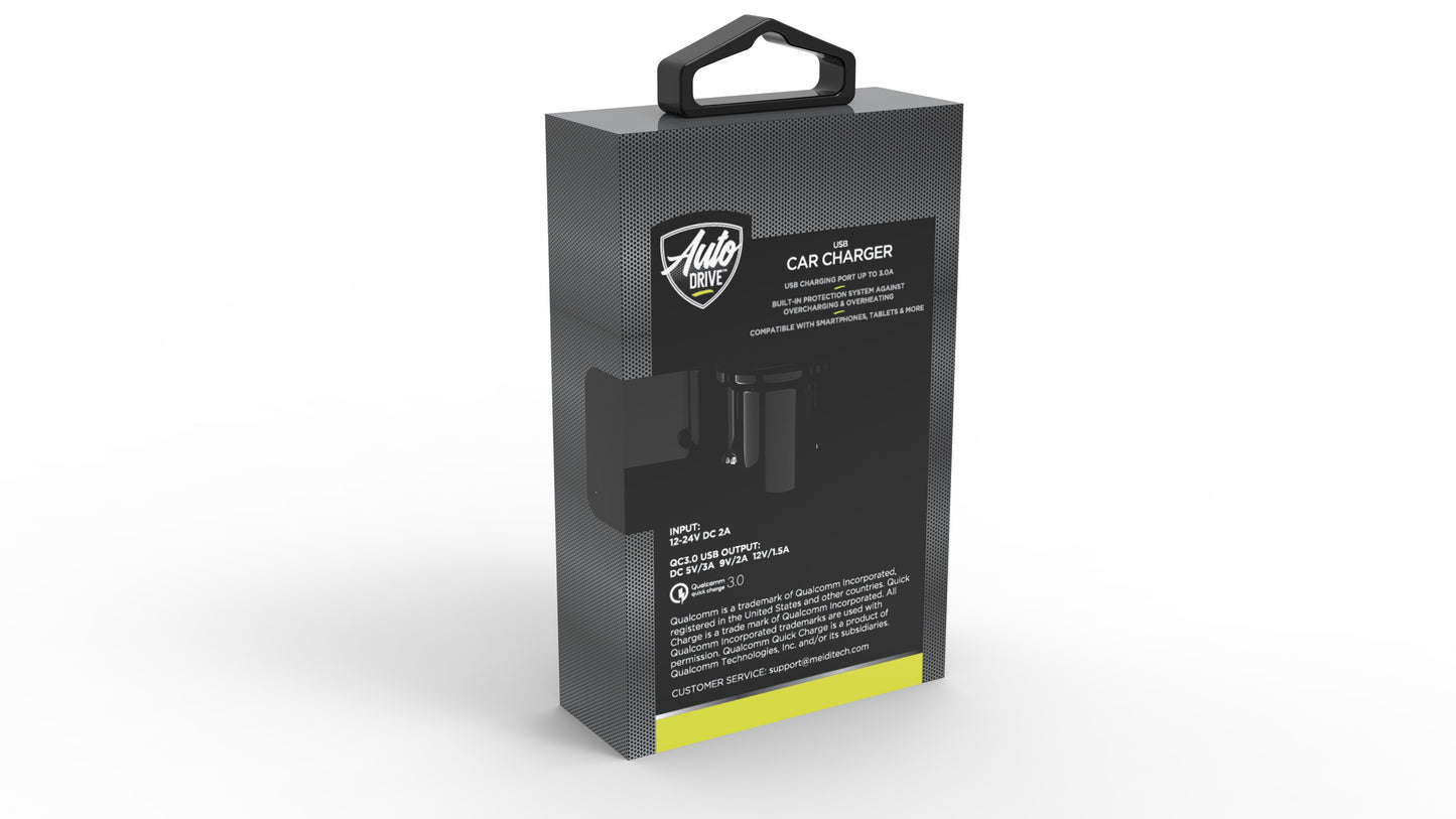 Versatile Auto Drive Black Quick Charge 3.0 USB Car Charger for Smartphones, Tablets and More