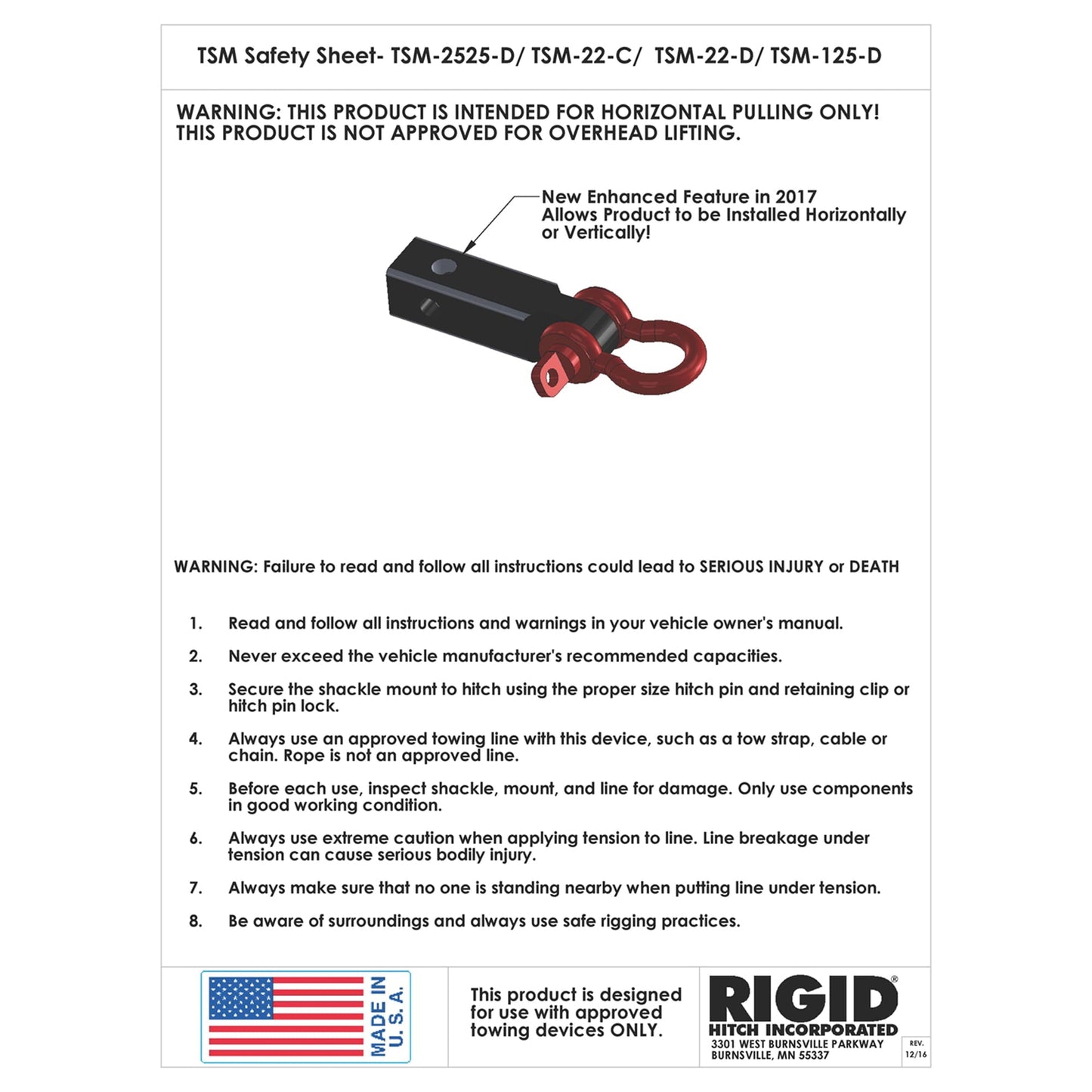 Versatile Rigid Hitch (TSM-125-D) Tow Strap Shackle Mount for 1-1/4 Inch Receivers - Made In U.S.A.