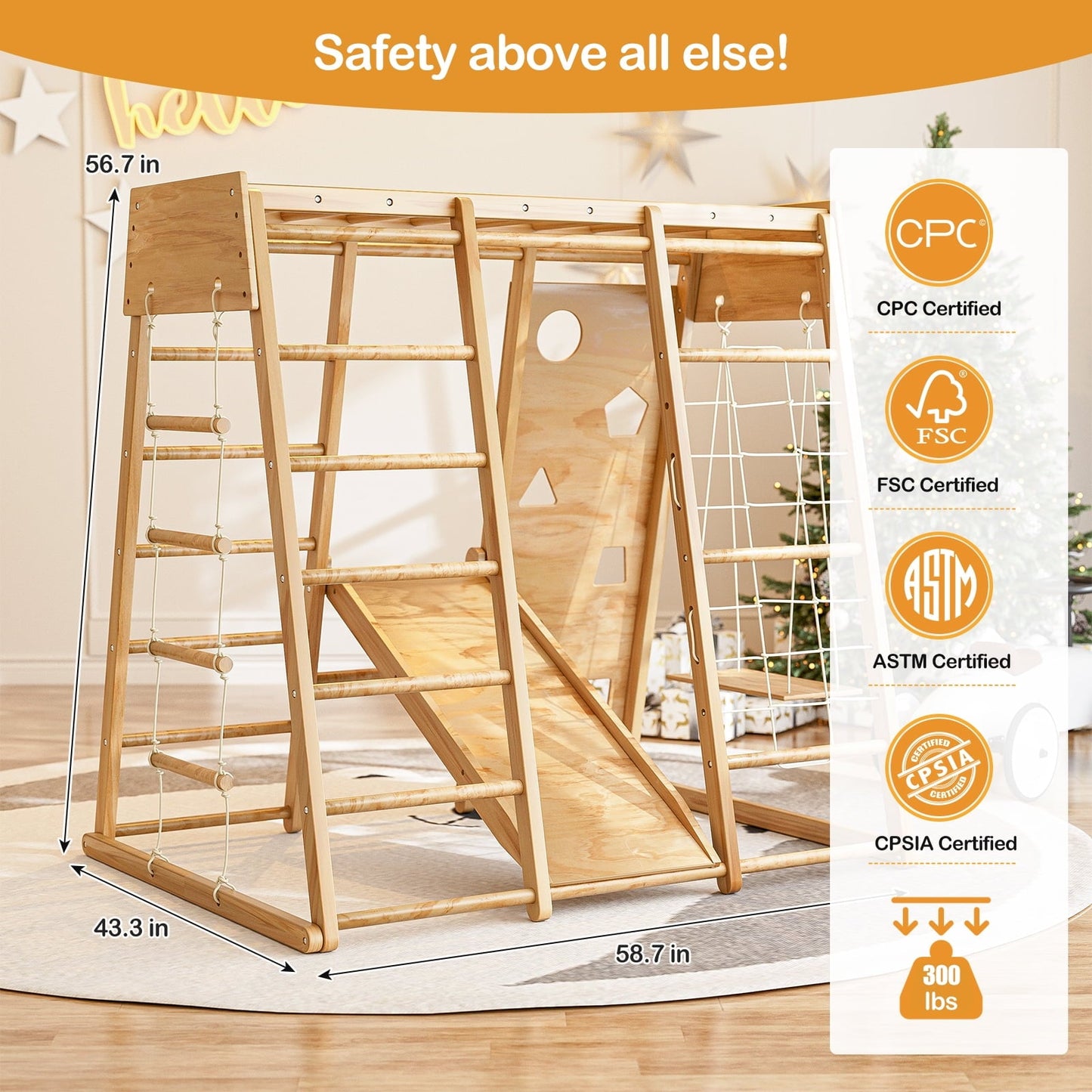 Versatile GIKPAL 8-in-1  Wooden Indoor Kids Playground Jungle Gym with Slide, Toddlers Wooden Climber with Slide Playset, Wooden Rock Climbing Wall with Rope Wall Climb, Monkey Bars, and Swing for Kids