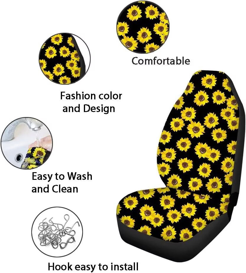 Versatile Pzuqiu Cow Print Car Accessories Front Car Seat Cover with Steering Wheel Cover+ Automotive Cup Holders+ Car Key Fob Cover+Seat Belt Pads Cover+ Center Console Pad Full Set 10-pcs Black White