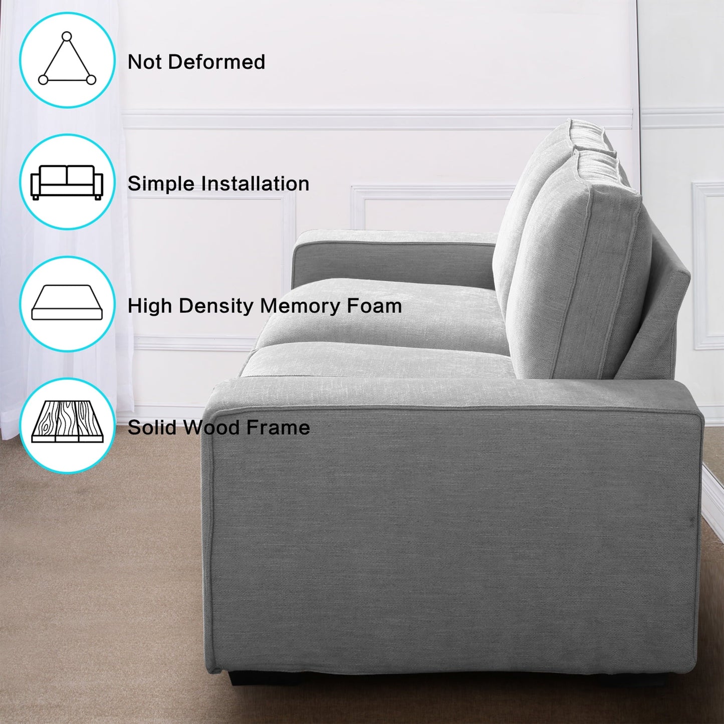 Versatile INGALIK 88.58" Modern Loveseat Sofa for Living Room, Chenille Sofa and Couch with Square Armrests, Removable Sofa Cushions and Detachable Sofa Cover, Easy to Install, 3 Seater, Light Grey