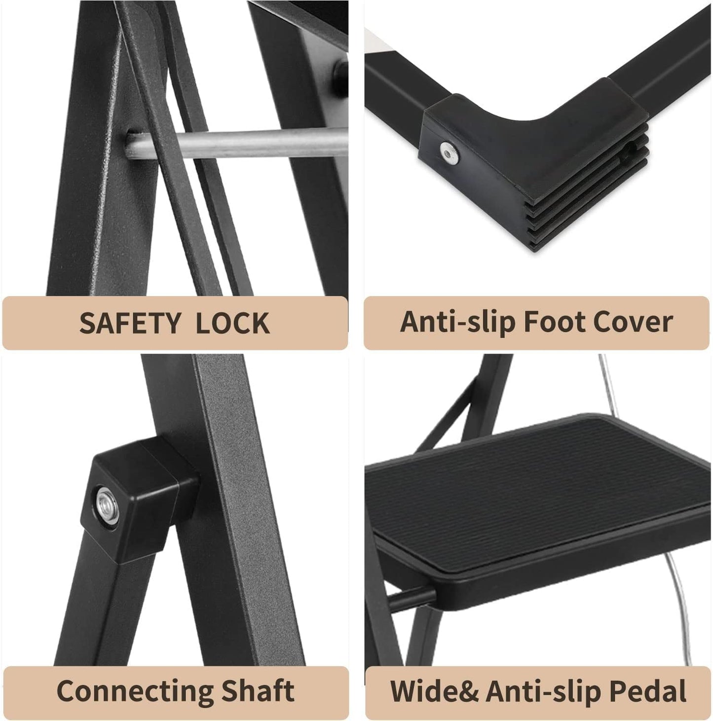 Classic Coolhut 3 Step Ladder, Folding Step Stool with Wide Anti-Slip Pedal, 330lbs Capacity Portable Lightweight Ladders for Home Kitchen Outdoor, Black