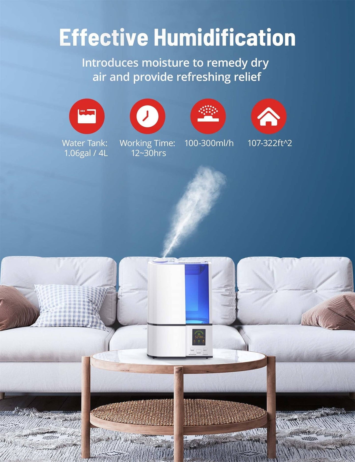 Classic Humidifiers, 4L Cool Mist Ultrasonic Humidifier for Bedroom Home Large Room, LED Display With Humidistat, Waterless Auto Shut-Off Blue (1.06 Gallon, US 110V), White