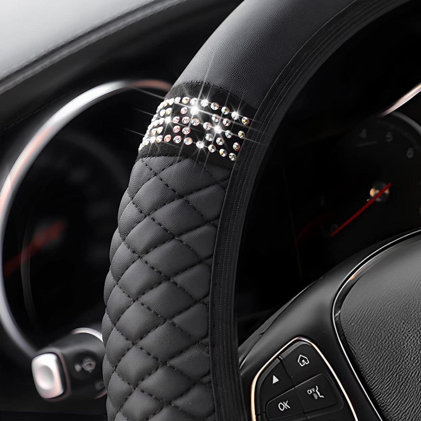 Versatile Steering Wheel Cover, Universal Bling  15 Inch Car Accessory with Rhinestones for Women, Anti-Slip Soft Leather Black Protector for Sedans, SUVs, Vans, Trucks