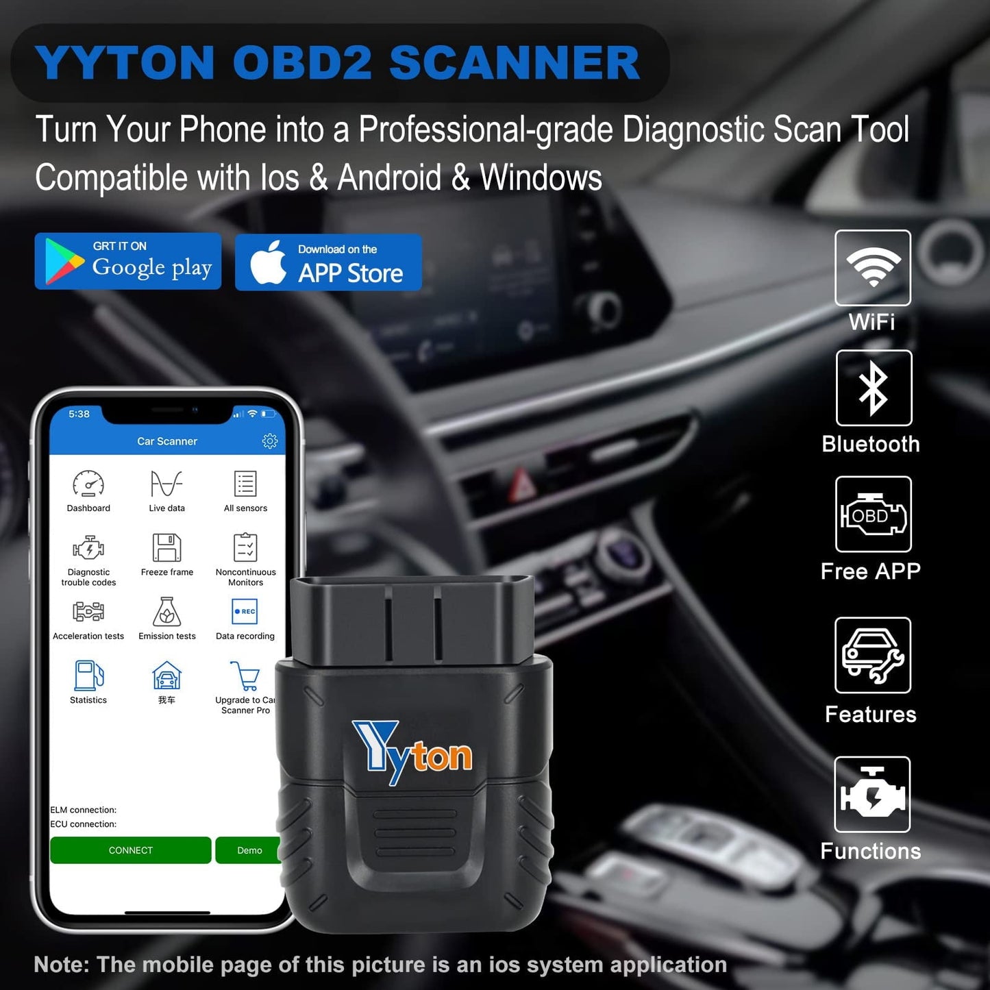 Classic OBD2 Scanner Bluetooth, Yyton Car Code Reader for iPhone/Android/Windows, Car Diagnostic Scan Tool Check Engine Light, Car Scanner with Read Code&Emissions Test&Live Sensor Data