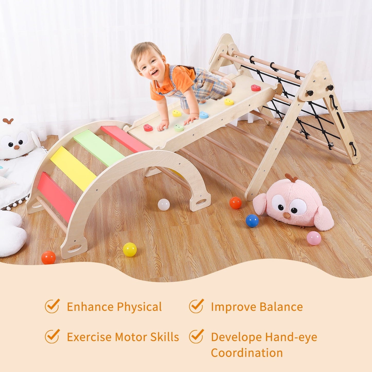 Versatile Toddler Indoor Gym Playset, 5-in-1 Wooden Climbing Toys, Triangle Folding Climbing for Climbing & Sliding for Boys and Girls, 18Month+