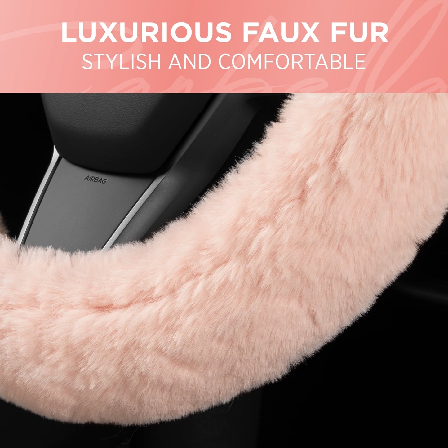 Classic Carbella Soft Pink Faux Fur Steering Wheel Cover for Women, Standard 15 Inch Size Fits Cars Trucks SUV