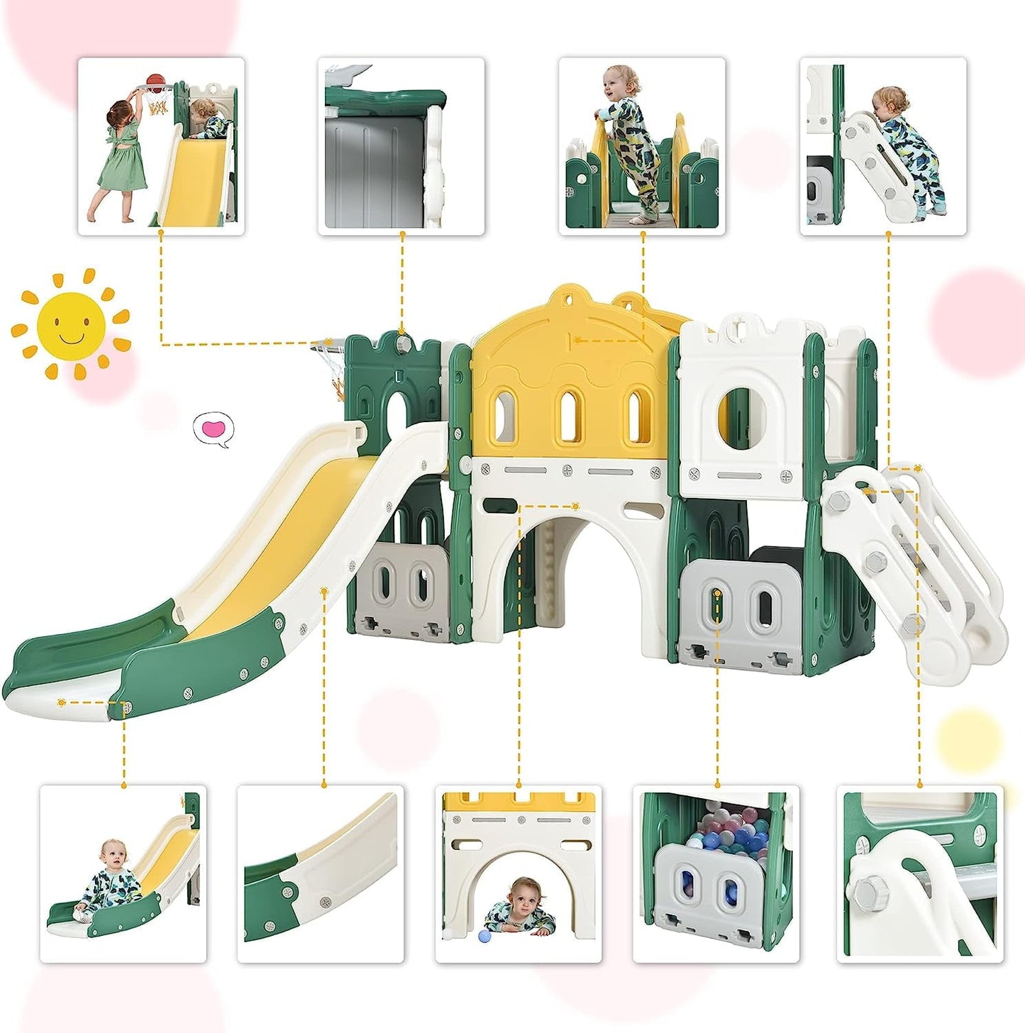 Classic Holaki 6 in 1 Toddler Slide Set, Kids Slide for Toddlers, Kids Playing Climber Sliding Playset with Basketball Hoop, Tunnel and Storage Space, Toddler Playground Indoor Outdoor