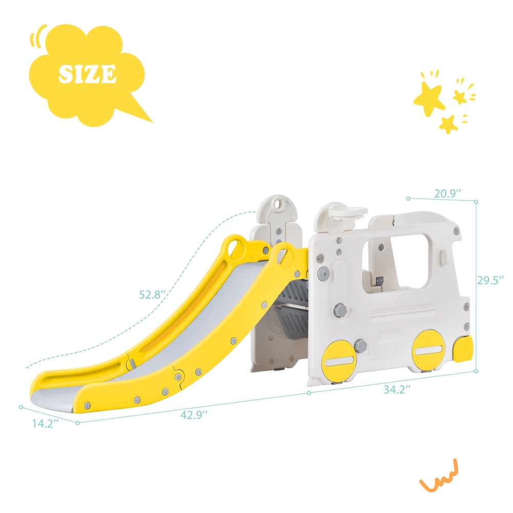 Versatile GERI Kids Slide with Bus Play Structure Climber, Freestanding Bus Climber with Slide for Toddlers, Bus Climber Slide Set with Basketball Hoop, Outdoor Playhouse for Toddlers, Yellow