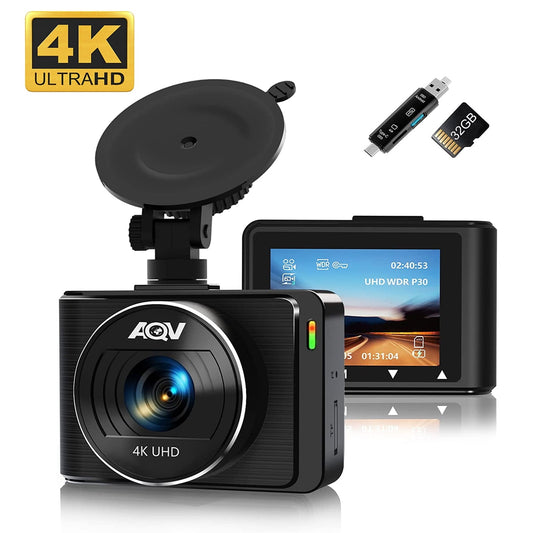 Classic AQV Front 4K Dash Cam, Car Camera Front 4k Built-in GPS, SNOY IMX335 Sensor, Parking Monitor, Super Night Vision, WDR ,G-Sensor, Motion Detector ,Loop Recording ,32GB Card and Card Reader Included