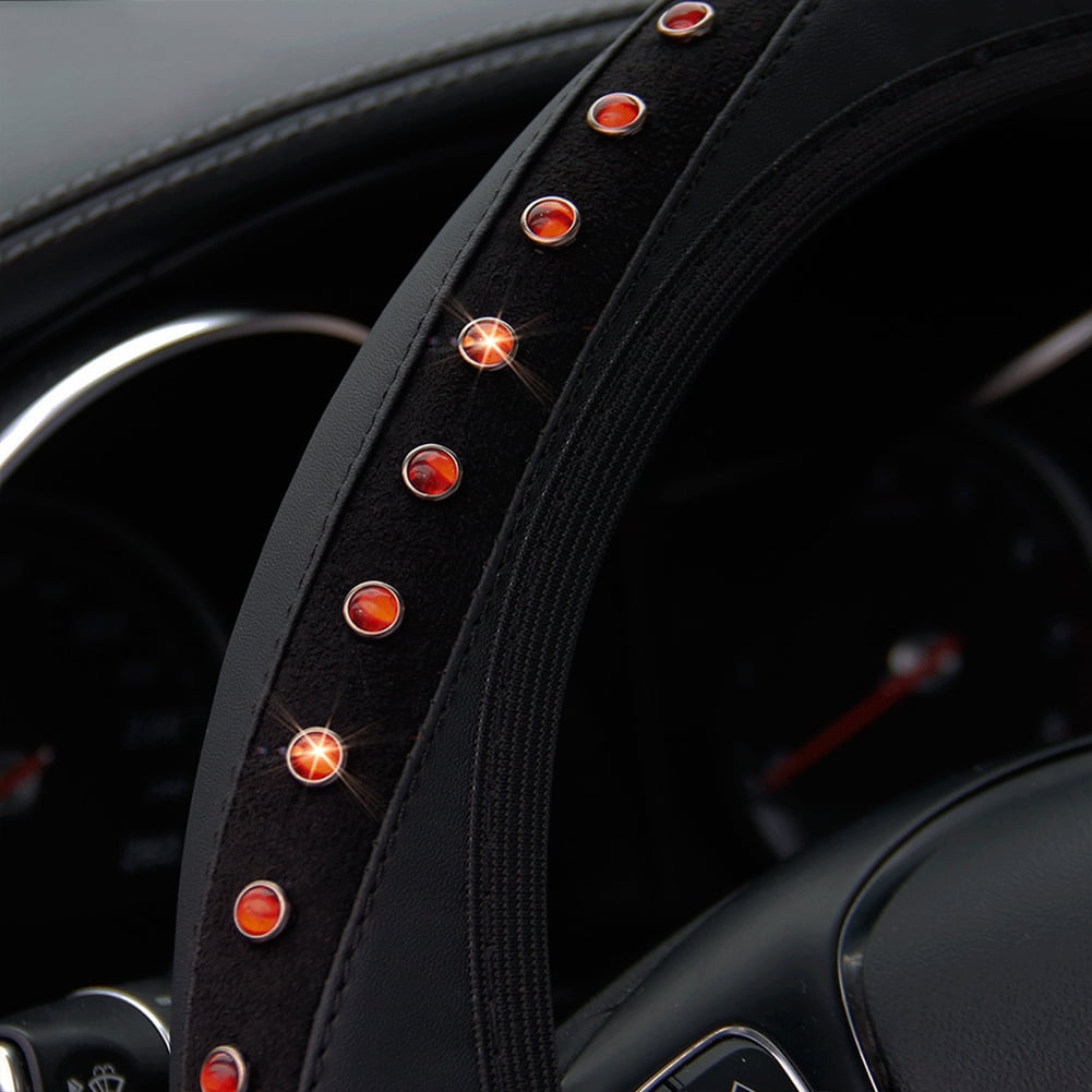 Classic 15" Car Steering Wheel Cover Leather Bling Rhinestones Protector Accessories