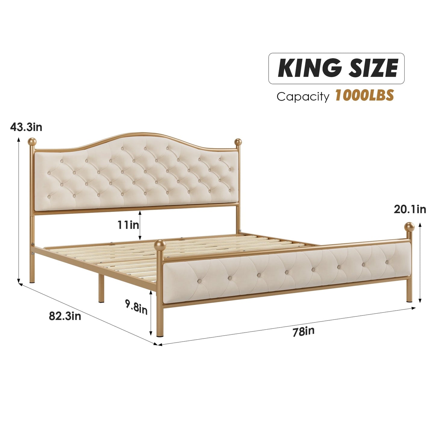 Versatile Homfa King Size Bed Frame, Metal Tubular Platform Bed with Button Tufted Upholstered Headboard, No Box Spring Needed, Beige