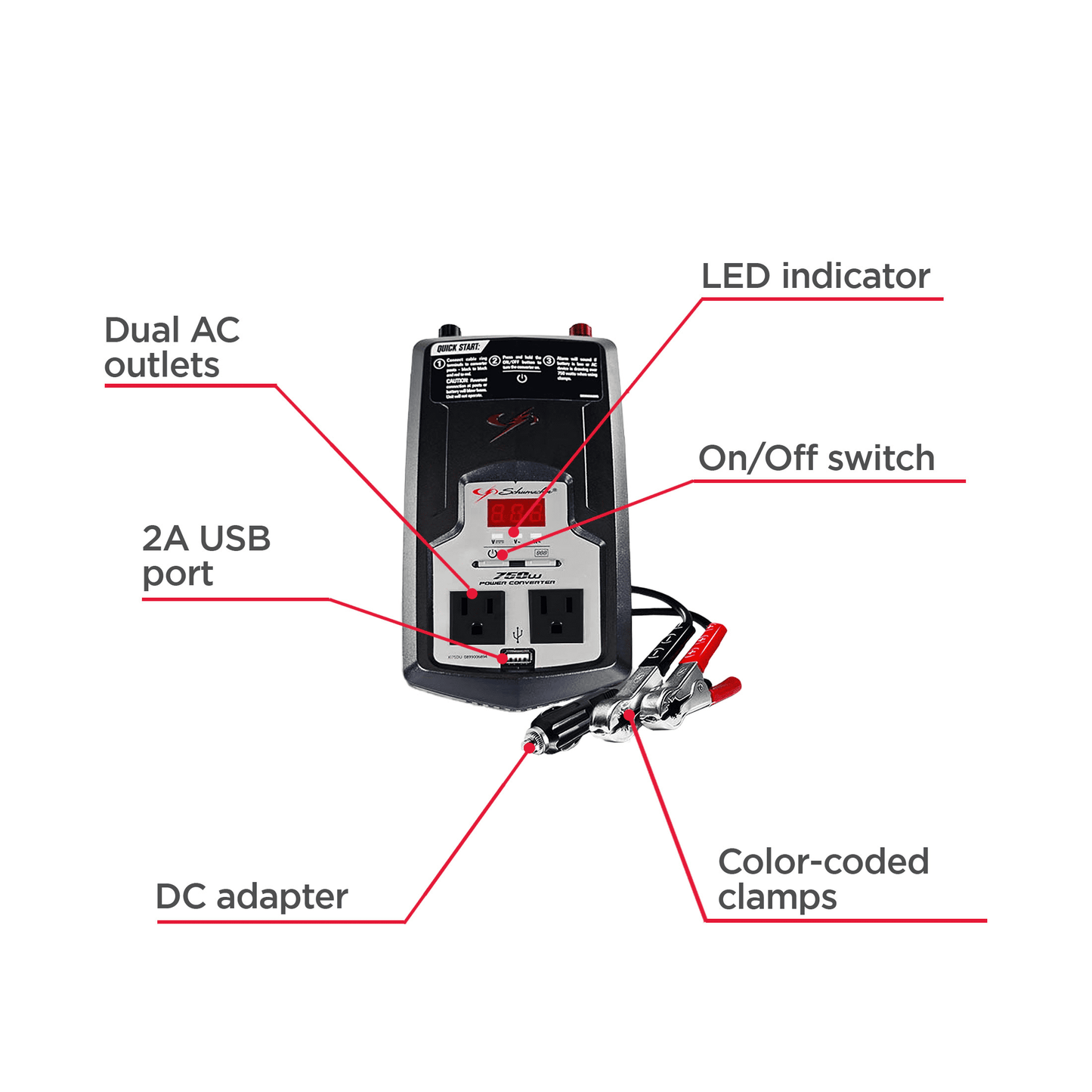 Versatile Schumacher 750 Continuous Watt/1500 Peak Watt DC-to-AC Digital Power Inverter â LED Display and Built-in Safety Features